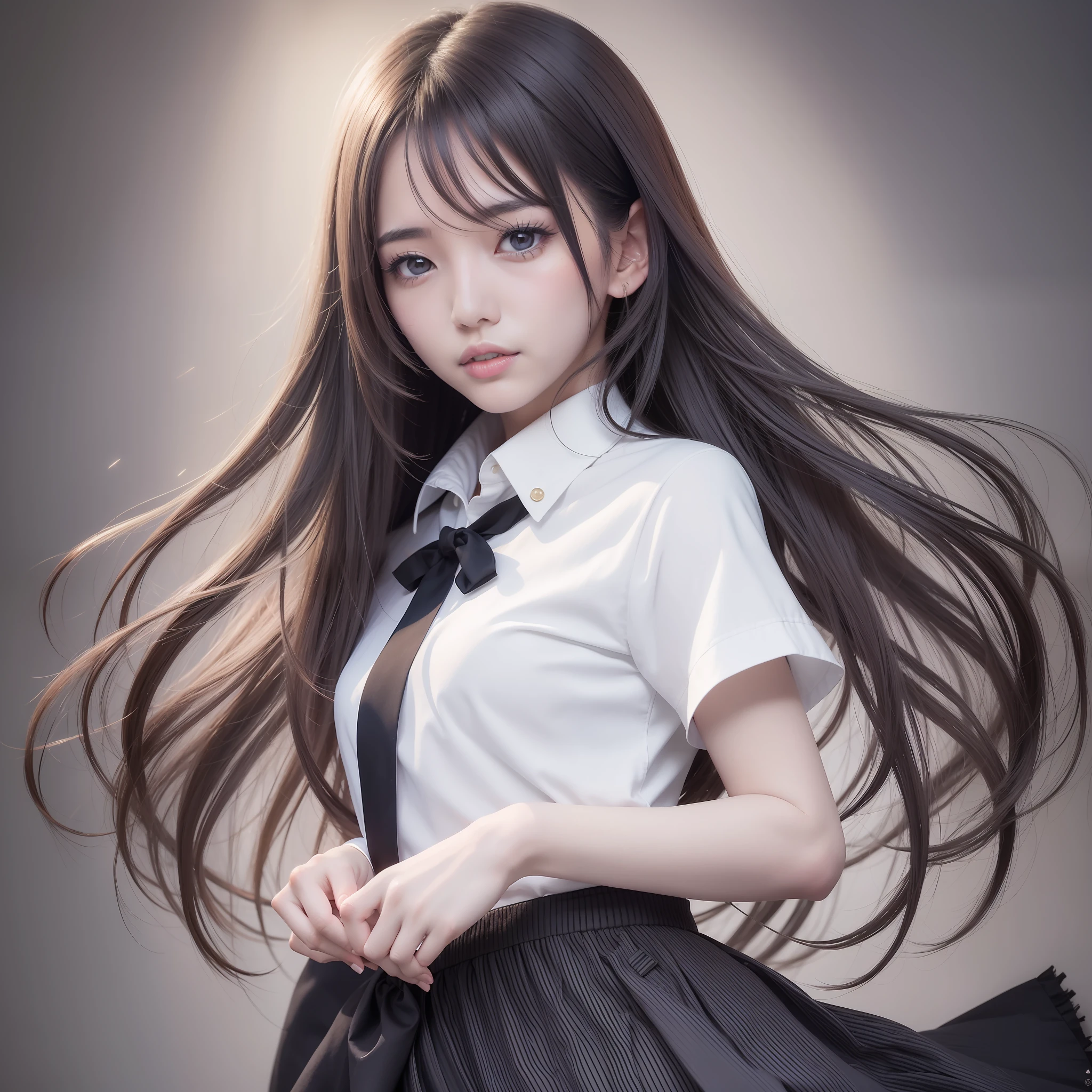 Beautiful Japan woman, nice perfect face with soft skin, small face with nose and rose-like lips, beautiful eyes, beautiful smile. Black, thin and long beautiful hair bathed in a bright etheric shine. Gradient highlight greige layer loose fluffy medium hairstyle, navy band collar shirt× houndstooth yellow flared skirt, bright neon colorful background, super realistic woman photo, high quality High Resolution 8K masterpiece