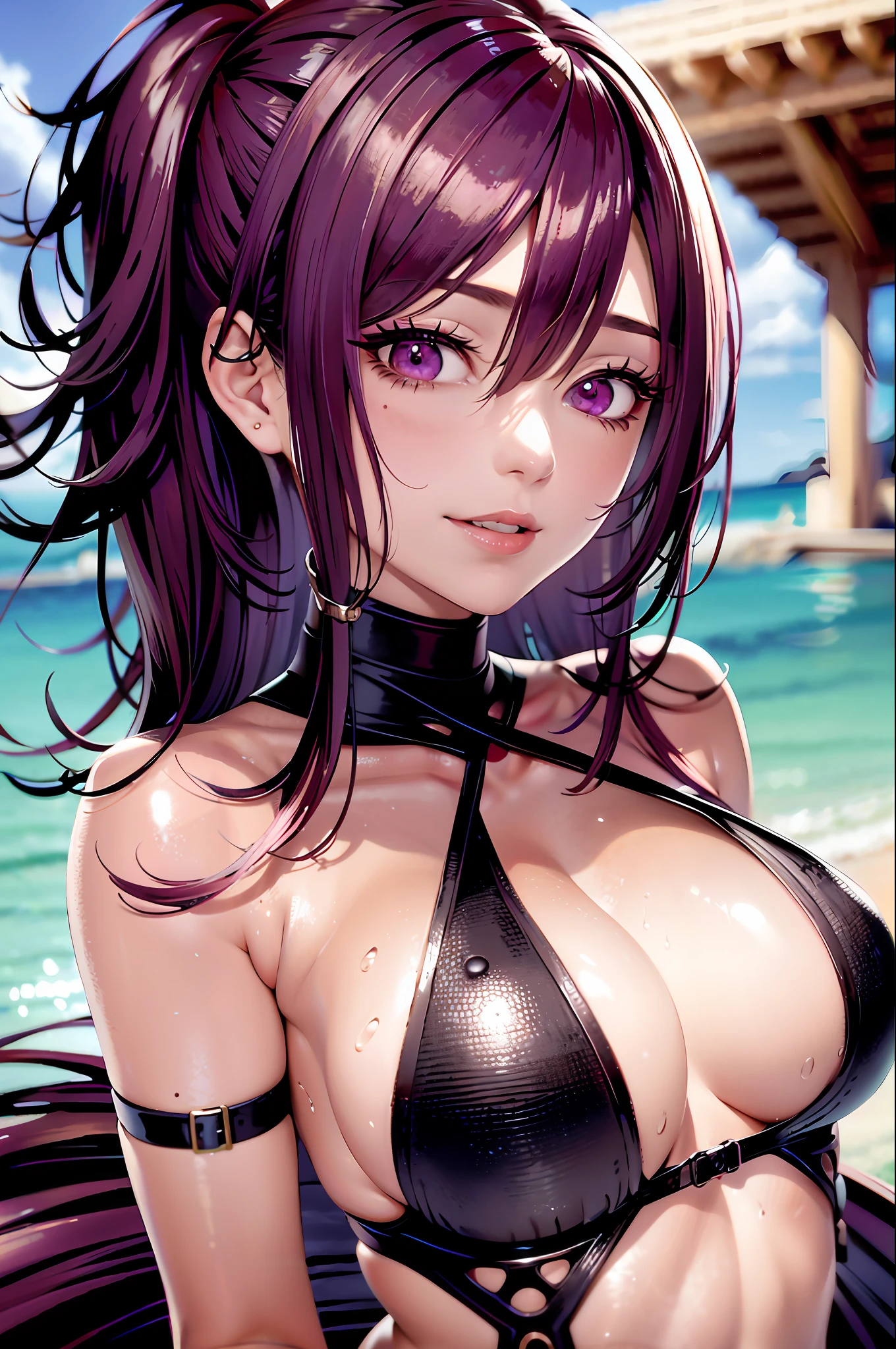 Detailed eyes, mascara, top quality, masterpiece, 1girl, maroon hair, complex swimsuit, cyberpunk, waist up, detailed face, beautiful eyes, smile, beach, vibrant, sharp focus, adult woman, tall, seven-headed