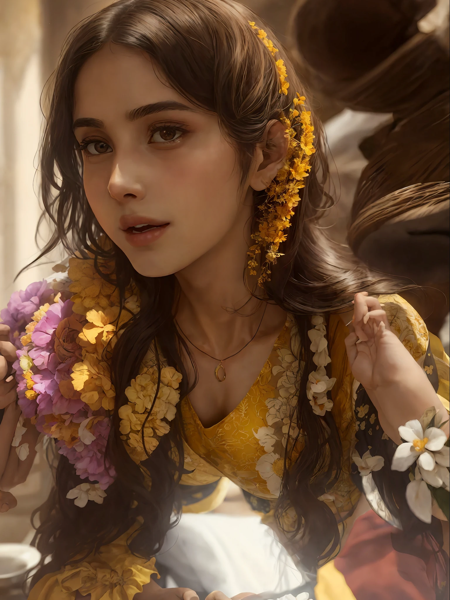 there is a woman sitting at a table with a plate of food, wearing yellow floral blouse, selfie of a young woman, wearing yellow croptop, indian girl with brown skin, leaked image, faridah malik, candid picture, selfie photo, nivanh chanthara, indian, candid photo, non blurry, assamese, 23 years old woman, sexy , hot , big boobs ,8k.