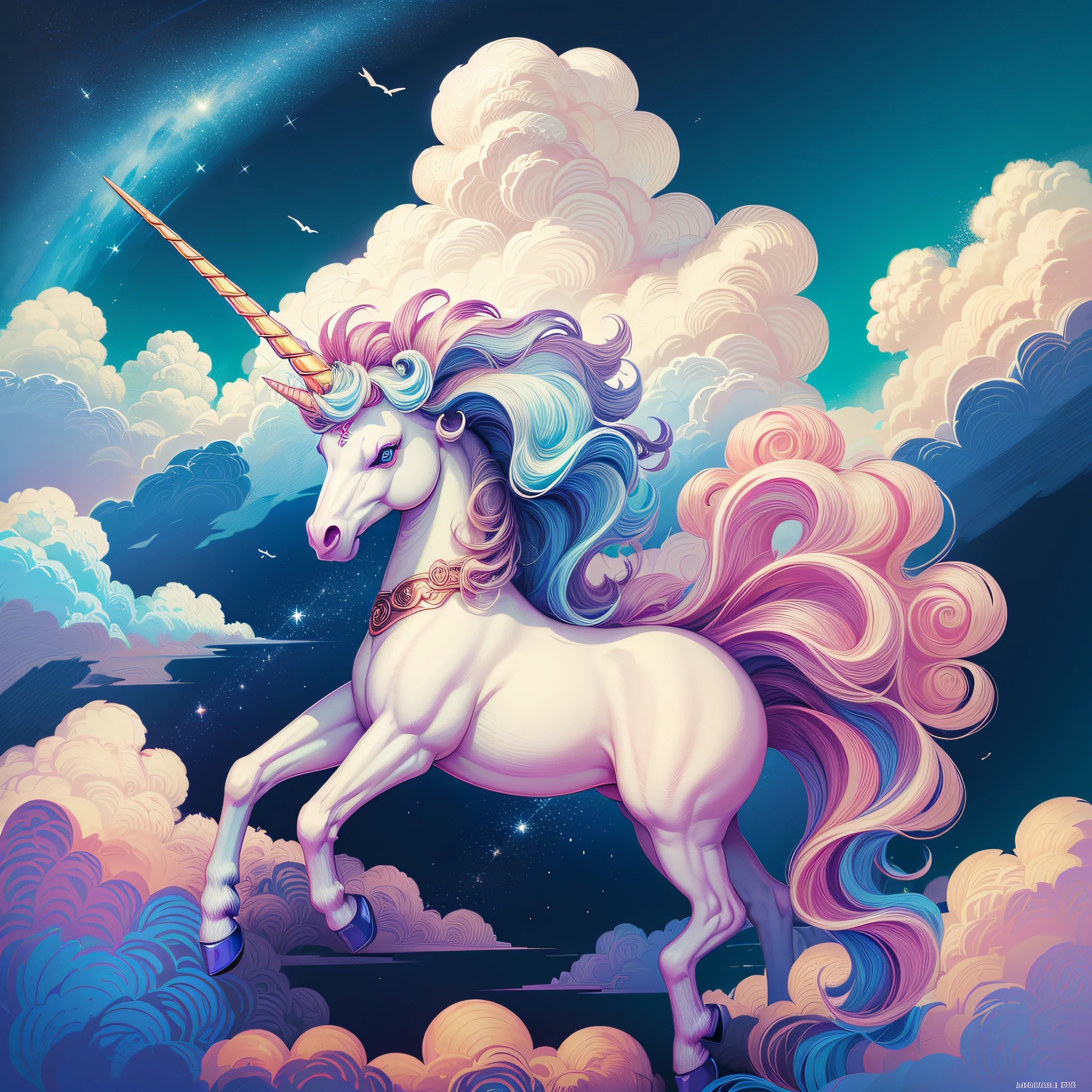 Masterpiece, best quality, {best quality}, {{masterpiece}}, {highres}, {{unicorn}}, {{unicorn in the clouds}}, colors, colorful, blue sky --auto --s2