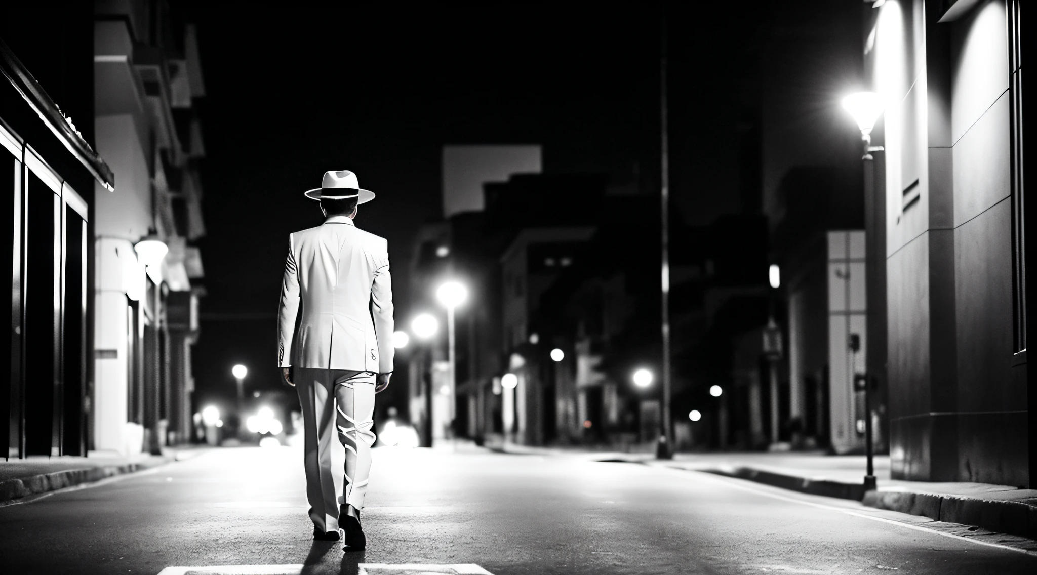 A lonely man, walking through the dark night, in the shadows, on an empty street of the center of a city, wearing white suit, white Panama hat, alone, without people around, dark (photorealistic, dramatic, sharp focus, cinematic, 8K)