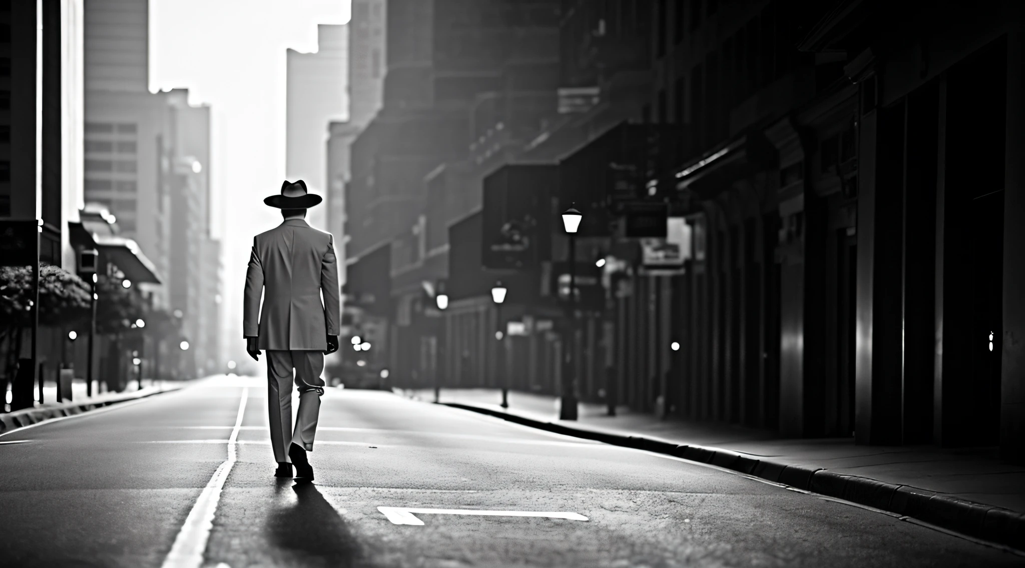 A lonely man, walking through the dark night, in the shadows, on an empty street of the center of a city, wearing white suit, white Panama hat, alone, without people around, dark (photorealistic, dramatic, sharp focus, cinematic, 8K)