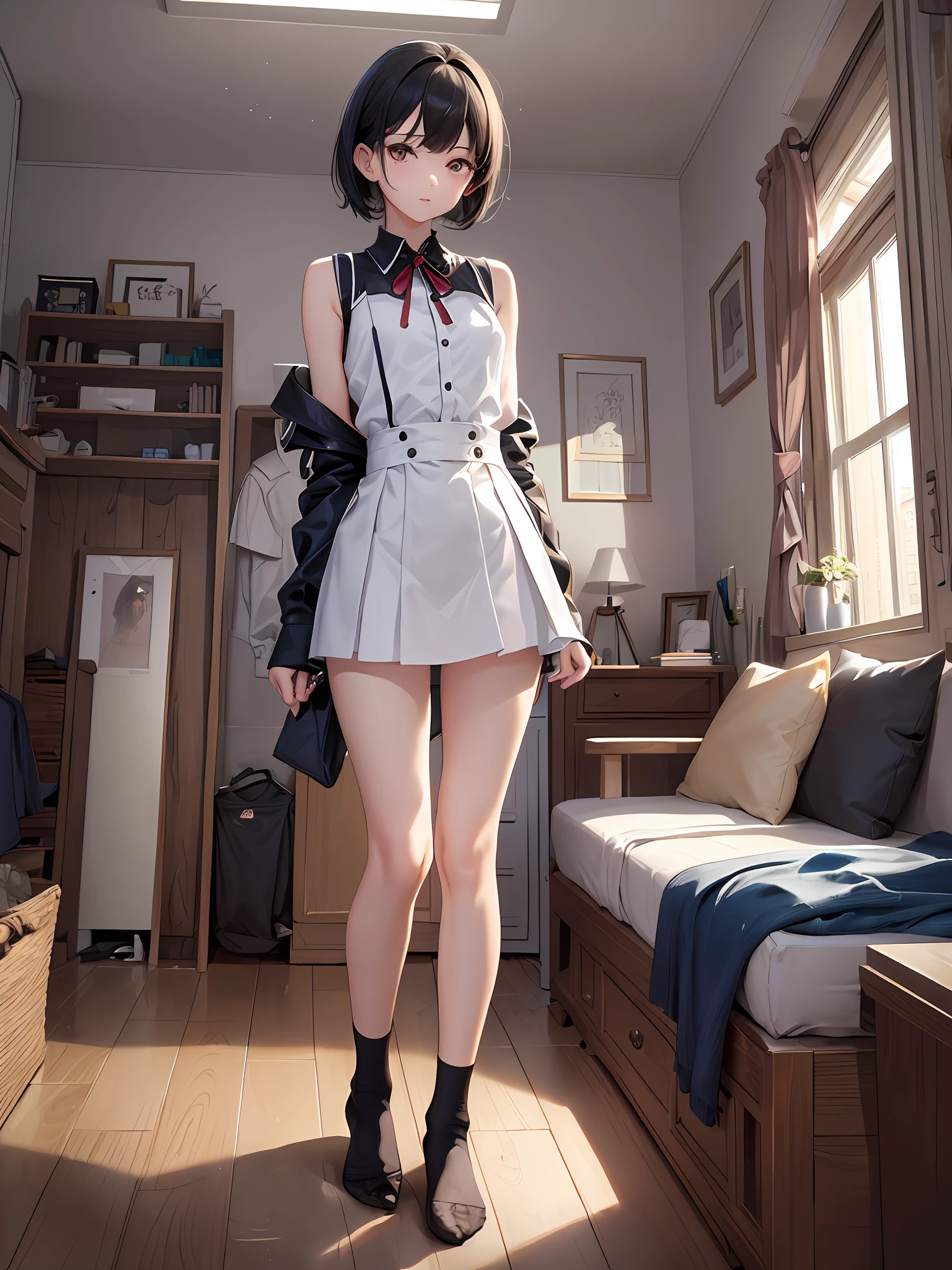 ((masterpiece, top quality, very detailed, high resolution, 2,)), ray tracing, calm room, girl 1, black hair, short hair, 18 years old, 168 cm, middle of chest, chest groove, full body, slender, thin waist, thighs, calves, beautiful legs, beautiful arms, beautiful eyes, crimson eyes, well-formed features, cute, depiction with movement, cute clothes, no shoes, (socks, 2,) sleeveless, makeup, uniform,