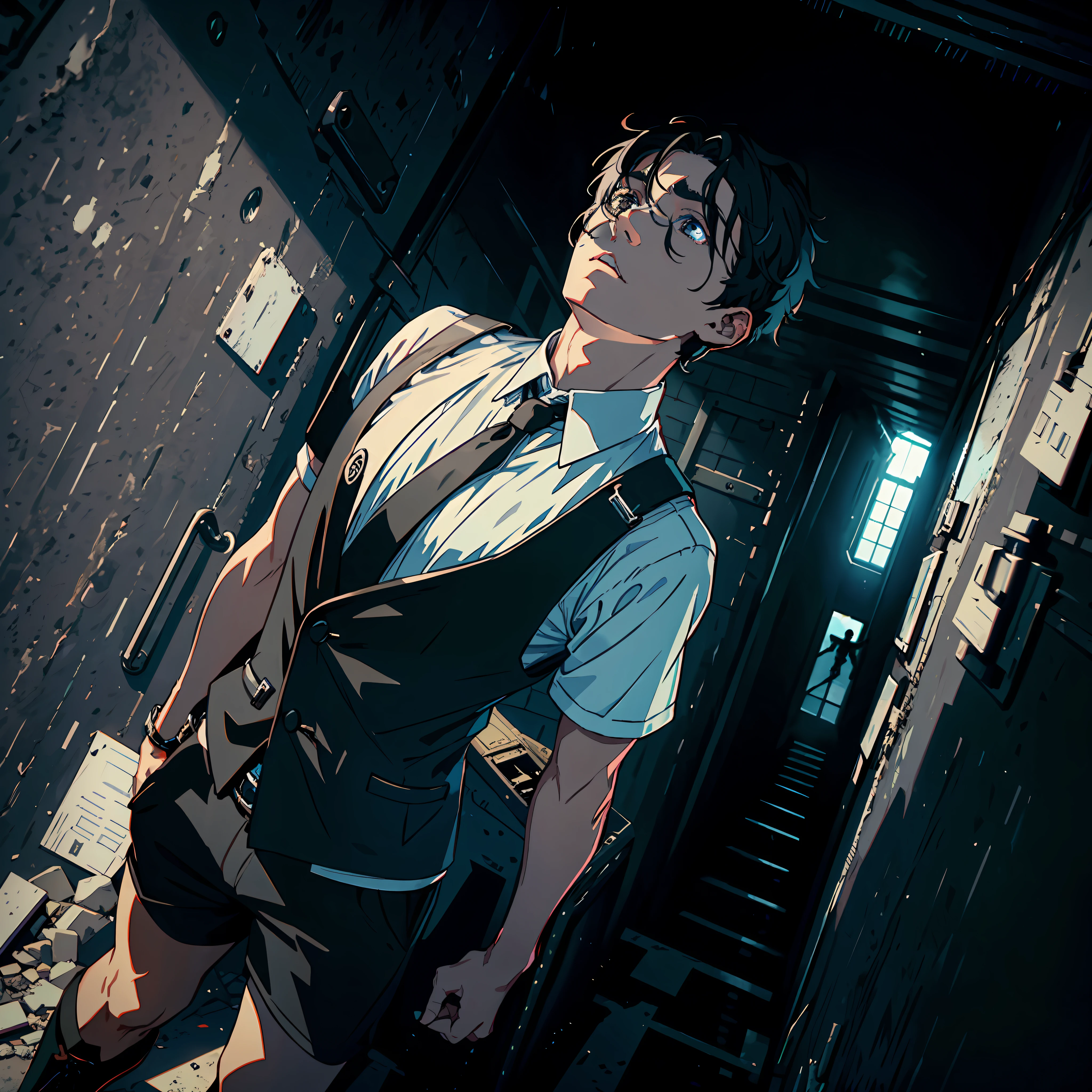 1 man, standing in a deep pit, looking up at the sky, black hair, black eyes, white vest, panic, deep pit trap, looking down view