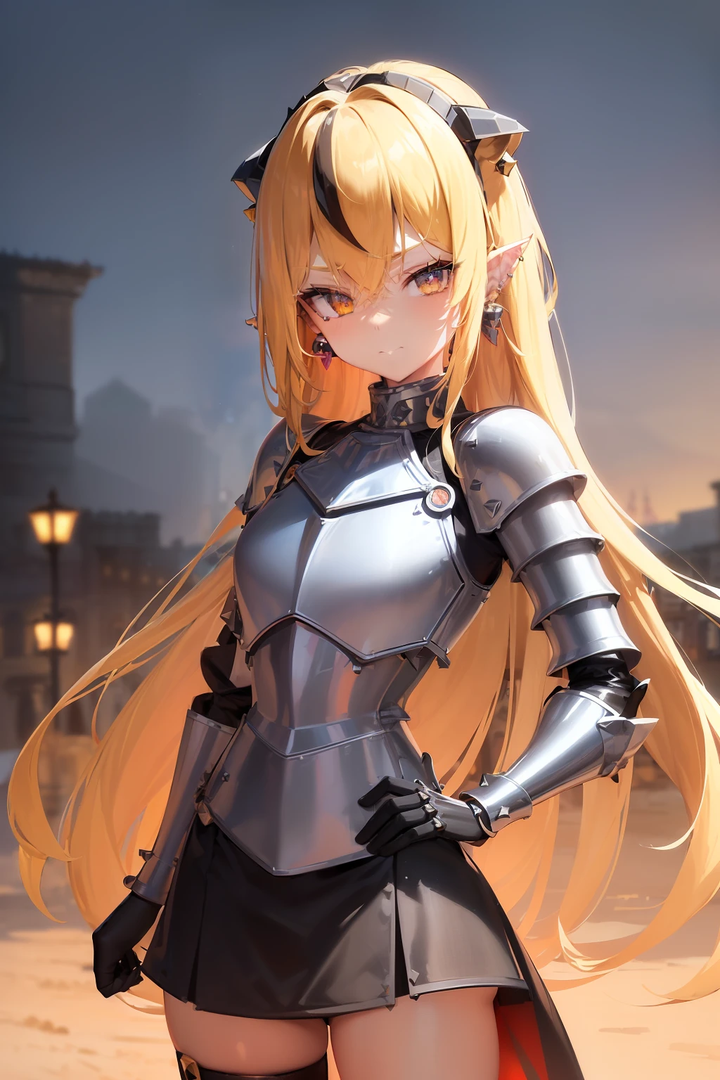 masterpiece, high resolution, best quality, UHD, super detail, award-winning, retina, 16k, (steampunk), portrait, (solo), close-up of face, (((bust))), (standing)), (upright)), ((one hand on one's waist)))), (other hand on one's thigh)))), tilt to the side, look at the audience, head tilt, ((knight-hime), mechanical wing, ((knight-hime), seductive smile, light smile, dark_persona, tiger teeth, ((long blonde hair), (streaked hair), (blonde gradient hair), red hair, hair between the eyes, very long hair, side hair, shiny hair, colored eyebrows, long hair, asymmetrical bangs, fire opal-like eyes, crimson pupils, (tsurime), long eyelashes, gradient_ eyes, beautiful detailed eyes, beautiful detailed eyes, (very fine facial features), cute face, ((fine portrayal of face)), (((small breast))), tattoos, barcodes, (petite), (slender), (slender), pointed ears, robotic arms, ((knights), mechanical wings, detached wings, mechanical wings, holographic clothes, (((steel breastplate))), ((metal skirt armor)), ((Metal Armour)), (Metal Glove), (Crystal Earrings), (Stud Earrings), (Leg Rings), Battlefield, Outdoor