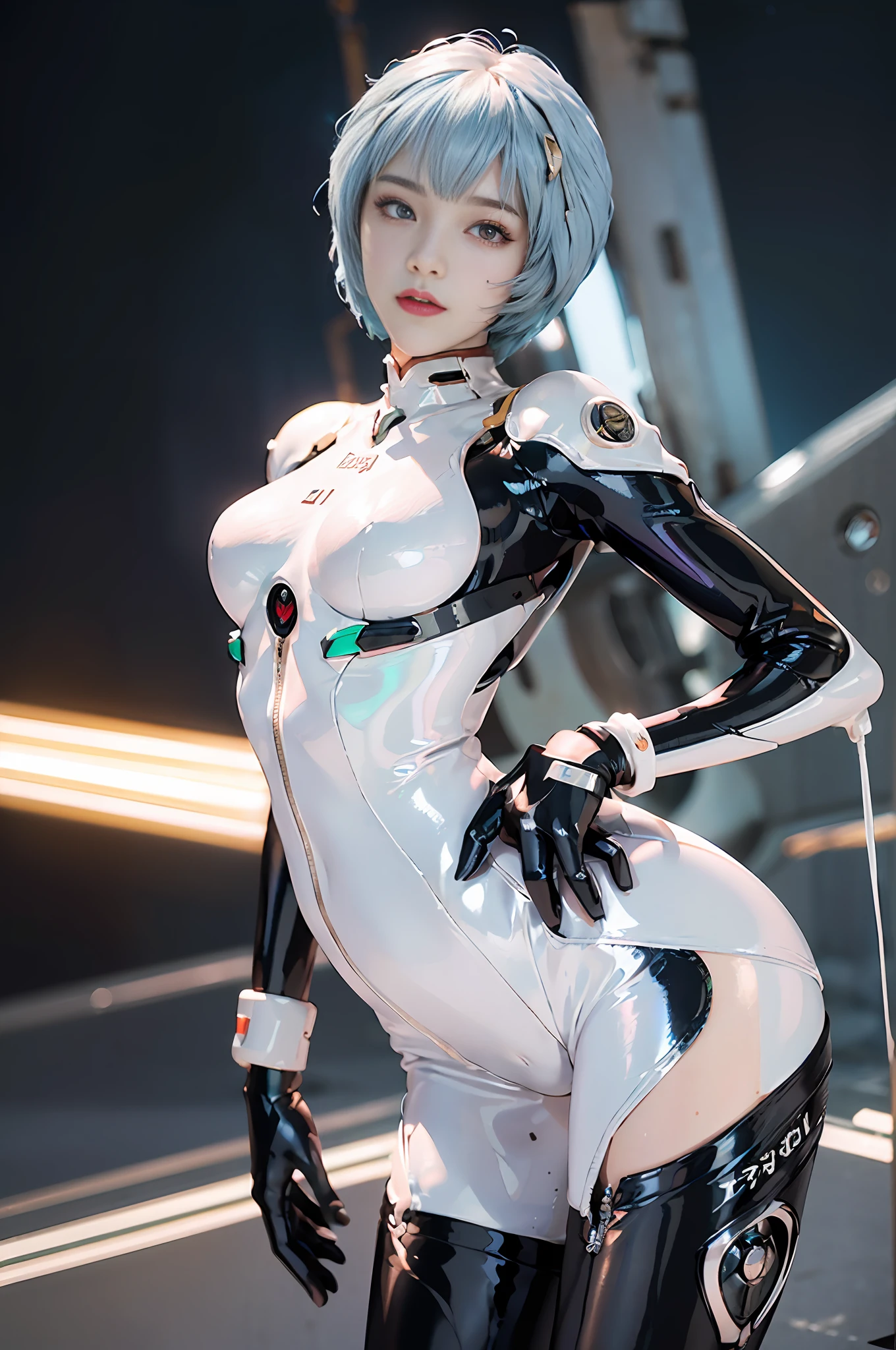 Masterpiece,NSFW1.1,((Whole body:1.1))))), (Realistic),Photos, Best Quality, 1 female,((Tall:1.1))),Ear fold,(((Rei Ayanami, Plug Suit 00:1.1))),((Red Eyes,Beautiful Face, Beautiful Eyes:1.1)))), (((Cute Face)), Wet Eyes, Face,Detail Face, Detail Lips, Detail Eyes, (Thin and Sharp Pale Eyebrows :1.1 long eyelashes), double eyelids, (seductive smile), (gentle expression, fleeting expression))),(turning sexy pose), sexy buttocks, (pearl rubber suit with strong metallic luster and smooth surface), ((sexy tight metallic shiny latex suit)))), (two thick black lines from thighs to buttocks: 1.1))), ( Movie lighting: 1.1),From below, (upright), (camelt), (sleek body line)), pale short hair, (pale thin eyebrows)), beautiful hair, (big round sexy breasts: 1.5), small logo pattern on the chest 00:1.1,mech suit, sexy thin long waist, white skin, (advanced cyberpunk research facility in the background)),(Spectacular midnight starry sky in the background : 1.5, a magnificent large full moon in the background, a spaceship in the background)))), (Face and eye details: 1.1), loneliness, blushing, (shy sexy pose)), very delicate and beautiful girl, standing, ((sexy pose with both hands on it)),(Sexy pose with closed legs)),(To8 contrast style), small egg-shaped psychosensory device on both sides of the head