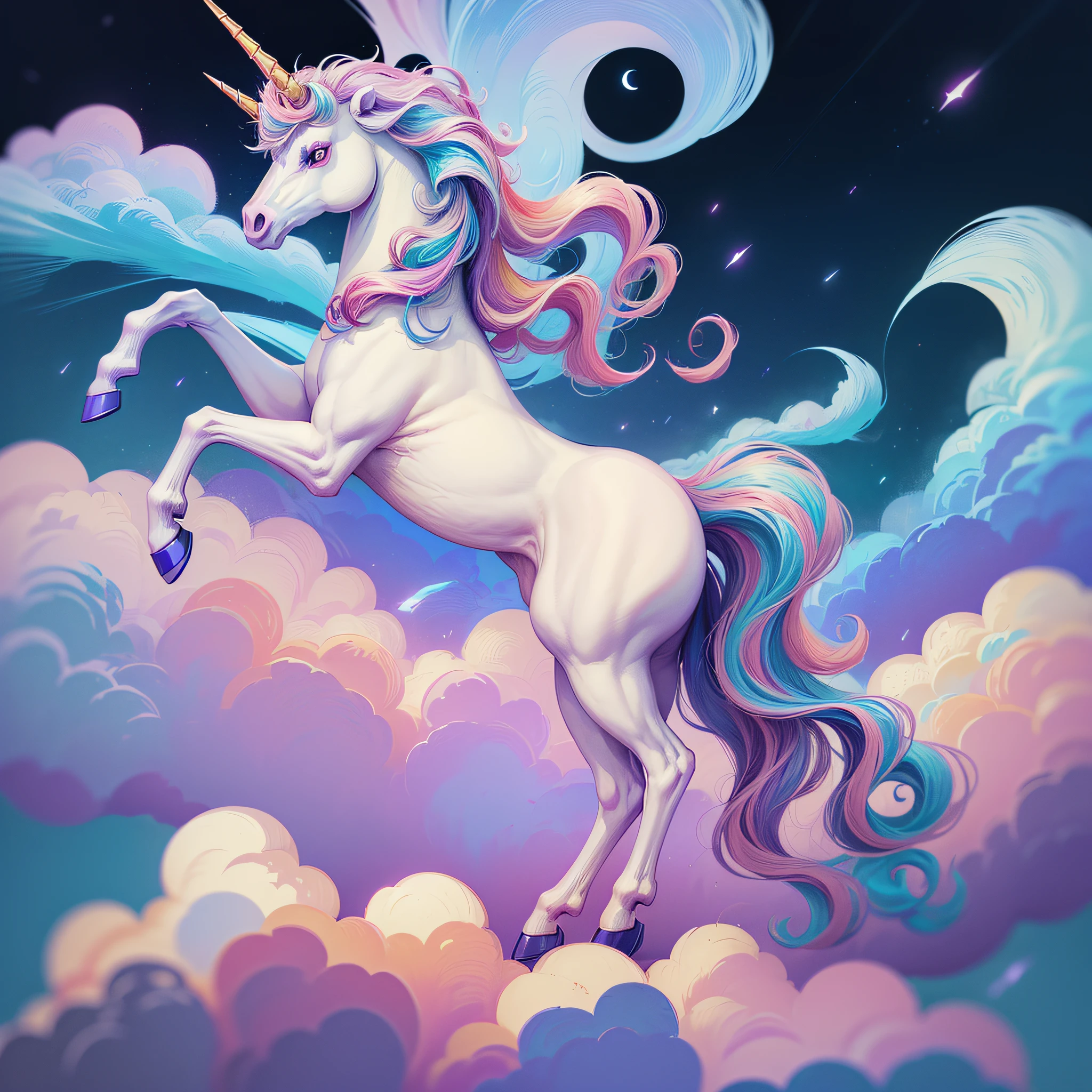 Masterpiece, best quality, {best quality}, {{masterpiece}}, {highres}, {{unicorn}}, slender, unicorn in the clouds, unicorn in the sky, colors, colored clouds --auto --s2