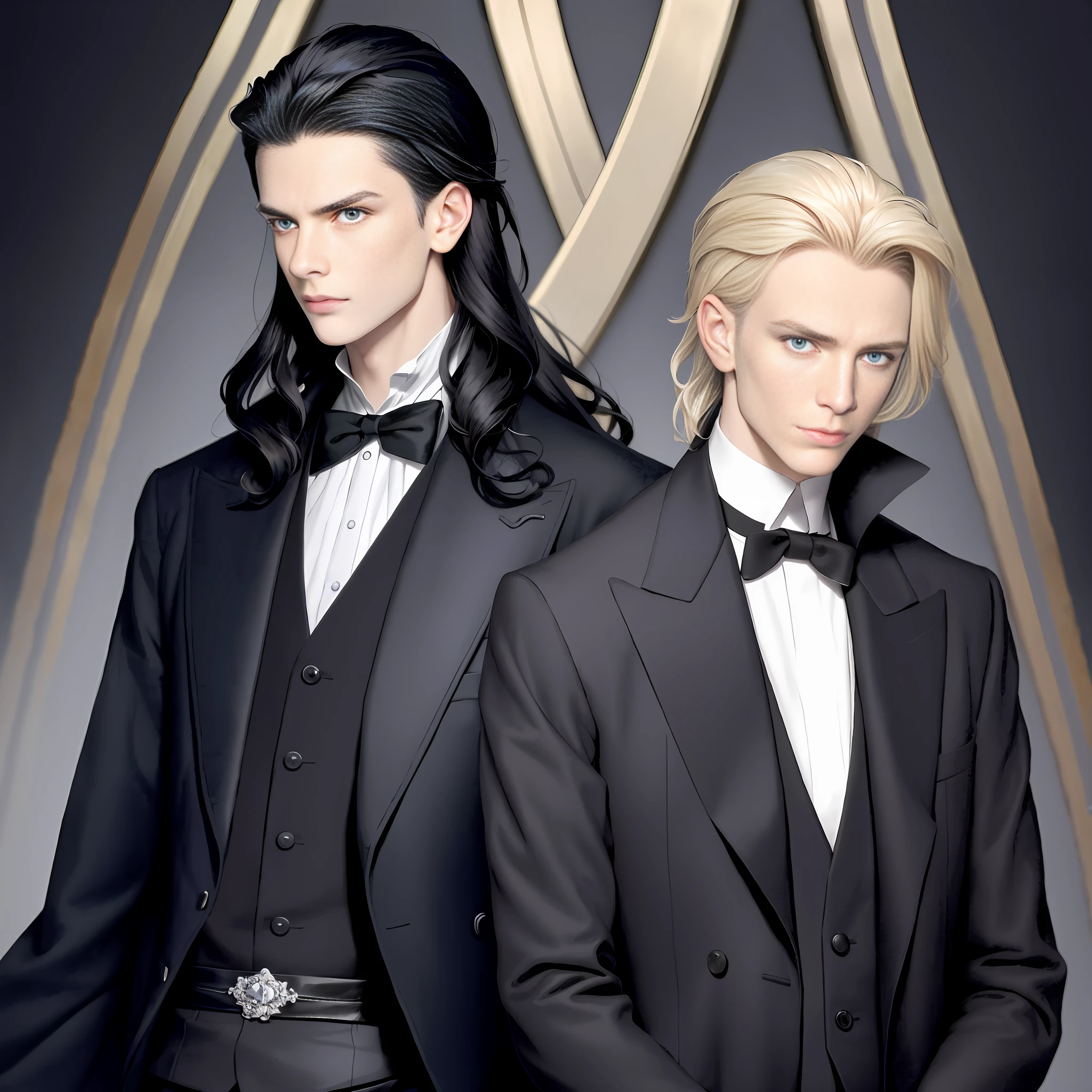 Male Gellert Grindelwald, photo of Balenciago fashion, pursed lips, distant stern look, profile picture, full torso and head in shot, long black hair, elegant hairstyle, cheekbones, blue eyes, black suit.
