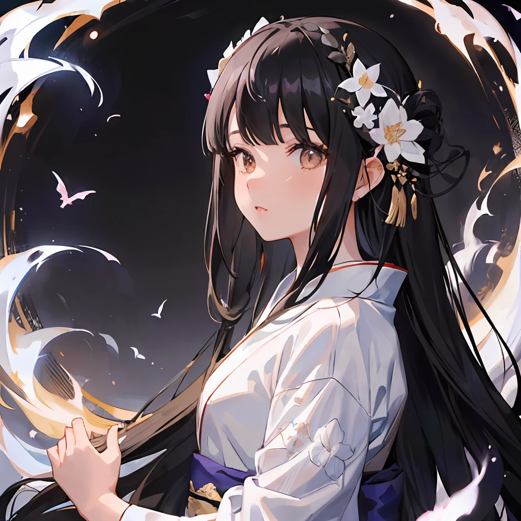 "((1 girl wearing flowery white kimono) & (long black hair with bangs)), dramatic lighting, amazing cinematic composition with amazing art, an amazing white dragon, deep shadows and strong contrast."