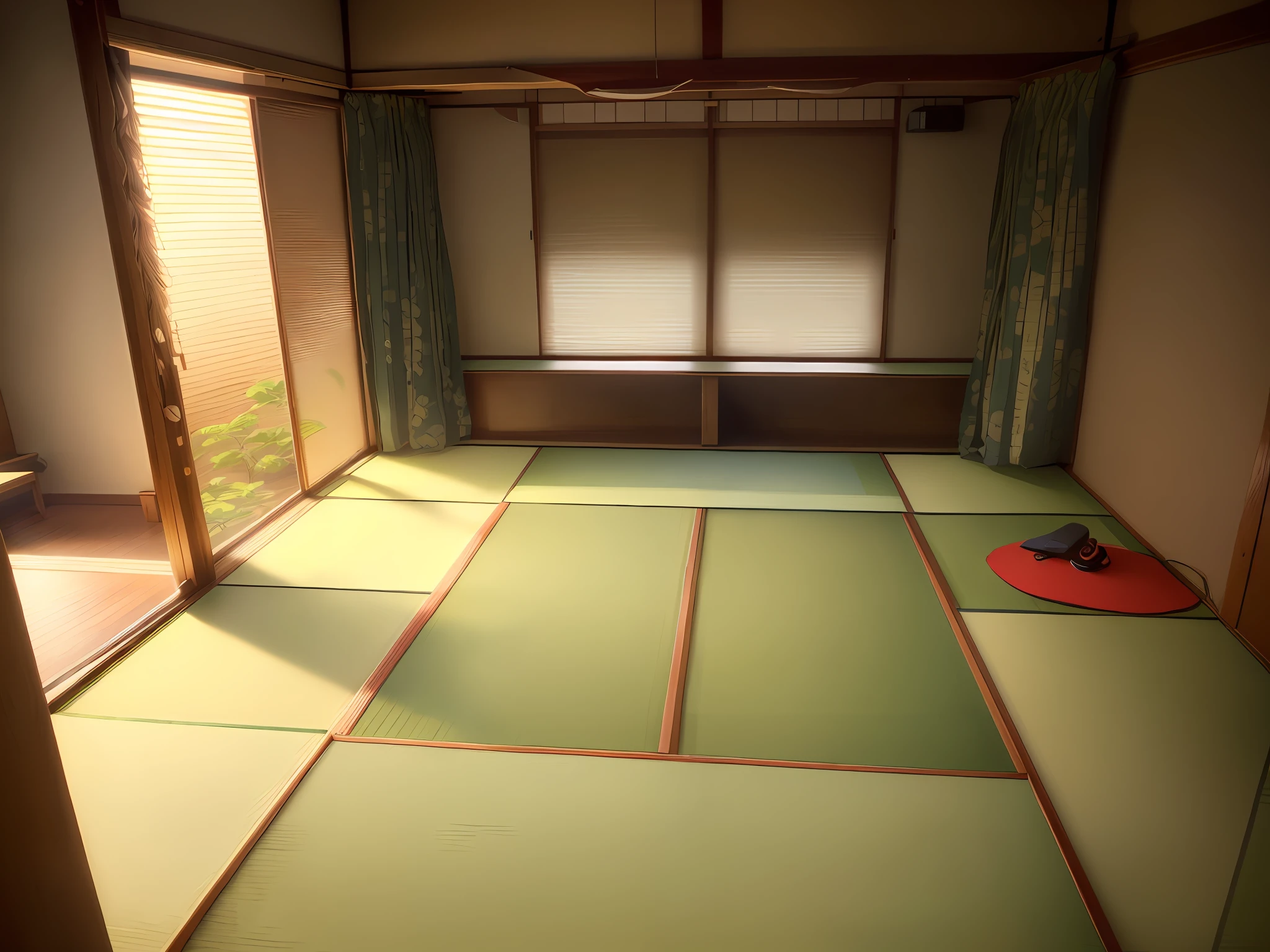 there is a room with a tata tata mat and a window, tatami galaxy, in a japanese apartment, whole room, one large room, big spatious room, ninchaku, けもの, japanese style, japanese house, in a dojo, ryokans and edo era houses, flat!!, carpeted floor, iwakura