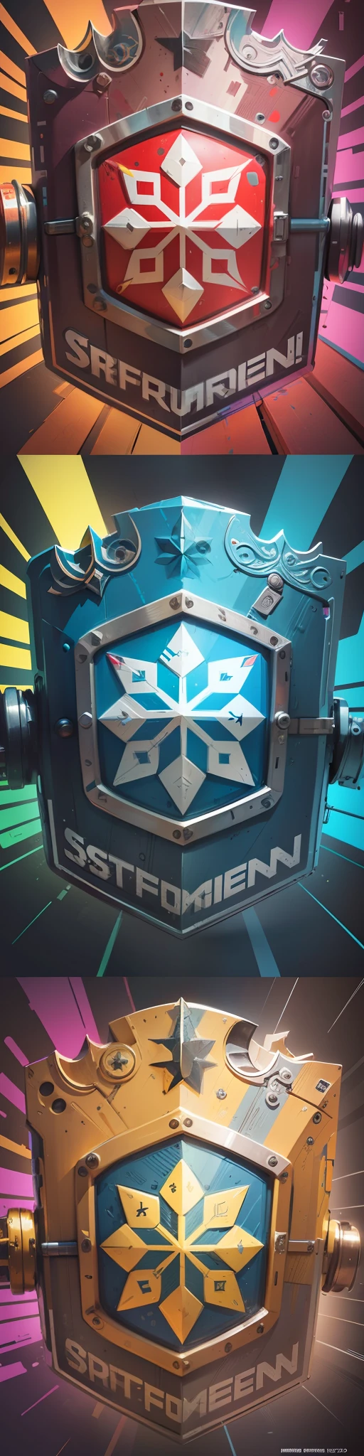 /imagine prompt:A cartoon style shield logo with vibrant colors, It features a well-planned design, with sophisticated features and defined contours, Strong texture and frontal perspective, Motor Gráfico Leonardo Diffusion, motor de Renderização Leonardo style,  Prompt Magic v2, 2024x2024 Px, Guidance Scale 7,  Strength 0.4 --auto --s2
