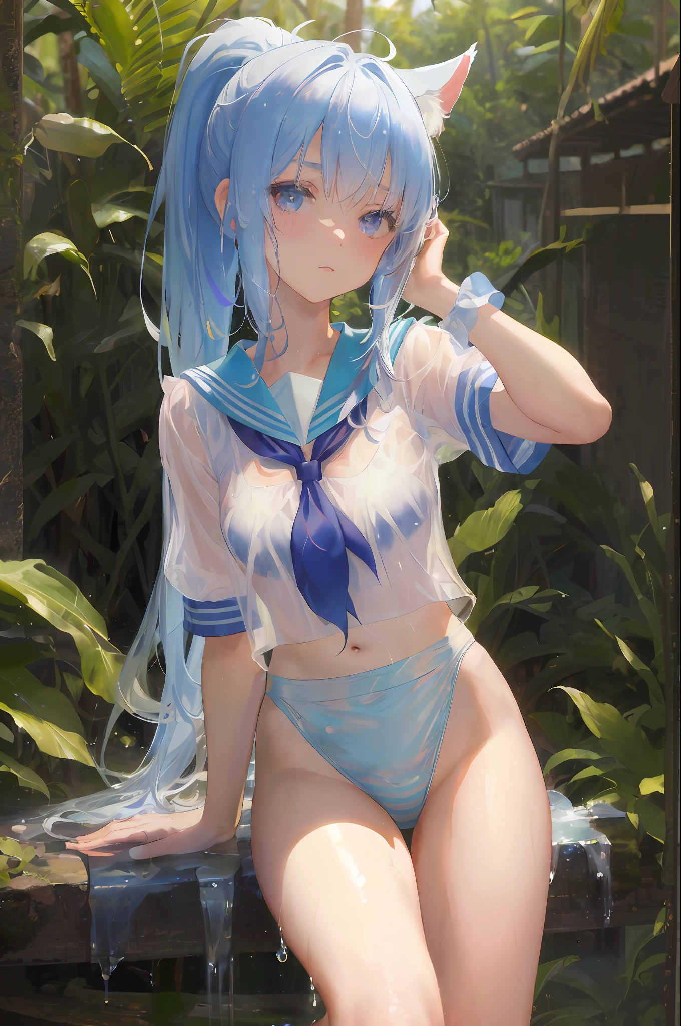 Cornflower art, dreamy, (masterpiece, top quality, perfect anatomy, beautiful face, realistic, super detailed, 1 girl, 18 ears senile, solo, depth of field, canon 24mm lens, f1.4, cute_girl, sailor_ collar, clear facial features, short sleeves, small breasts, slender stature, height 170, barefoot, double ponytail, bangs, gravure pose, outdoor, jungle, Blurred background, (Uwabaki: 1.1576)) all over body, clear liquid dripping from the crotch, the front of the shirt is exposed, the breasts are visible, transparent bra, light blue striped buns, erotic,, nrfw,