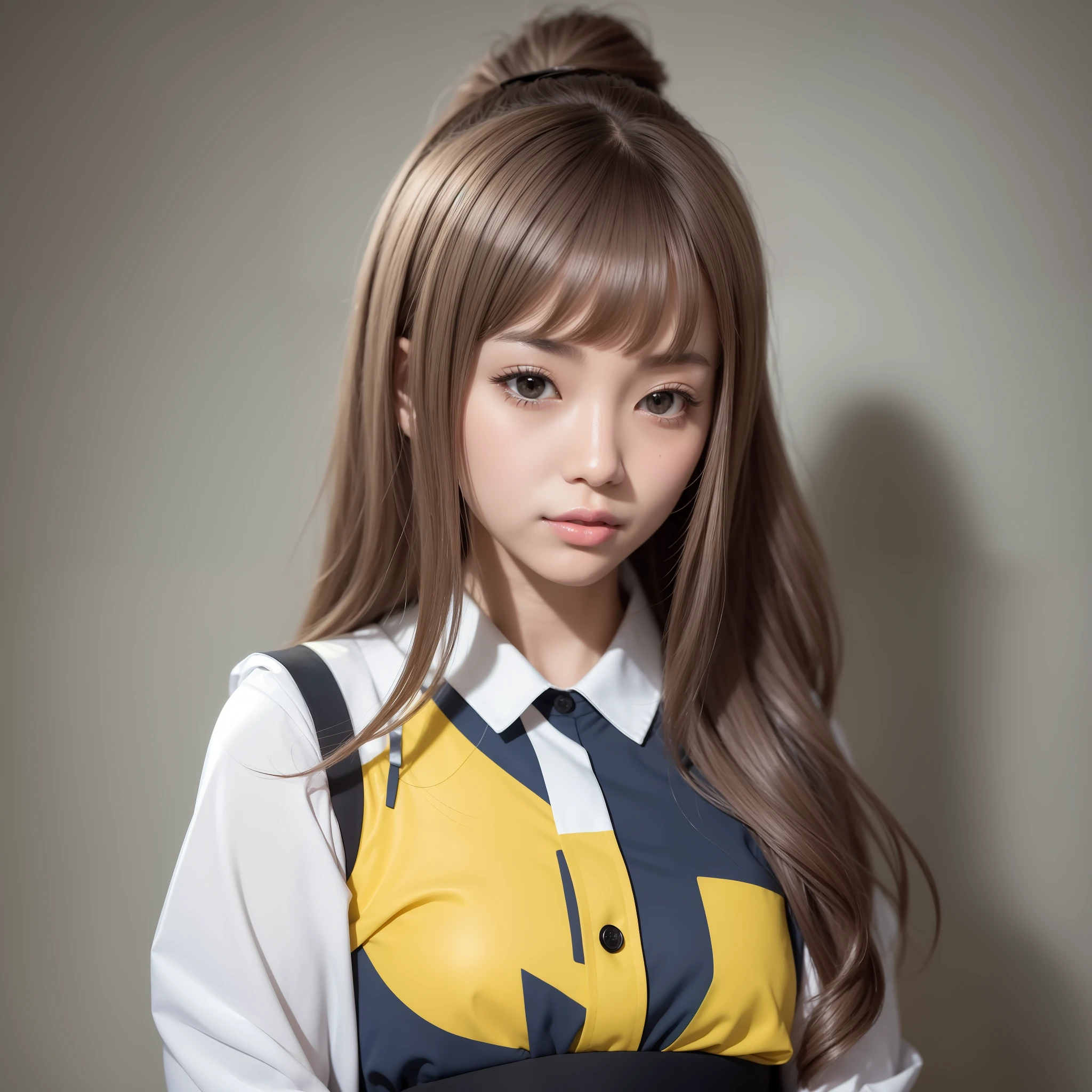 Beautiful Japan woman, nice perfect face with soft skin, small face with nose and rose-like lips, beautiful eyes, beautiful smile. Black, thin and long beautiful hair bathed in a bright etheric shine. Gradient highlight greige layer loose fluffy medium hairstyle, navy band collar shirt× houndstooth yellow flared skirt, bright neon colorful background, super realistic woman photo, high quality High Resolution 8K masterpiece
