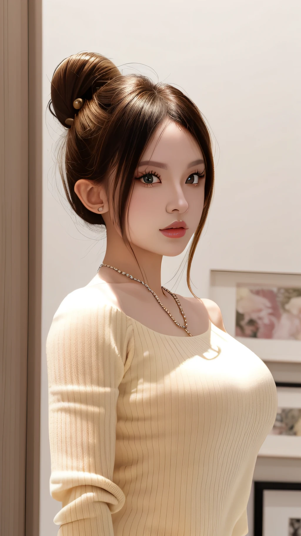 masterpiece, best quality, 8k, flawless, detailed background, soft lighting,
((1girl, solo)), upper body, face focus, close up, looking at viewer, hair bun, (glossy lips, large breasts), solo focus,
sweater, off shoulder, necklace,