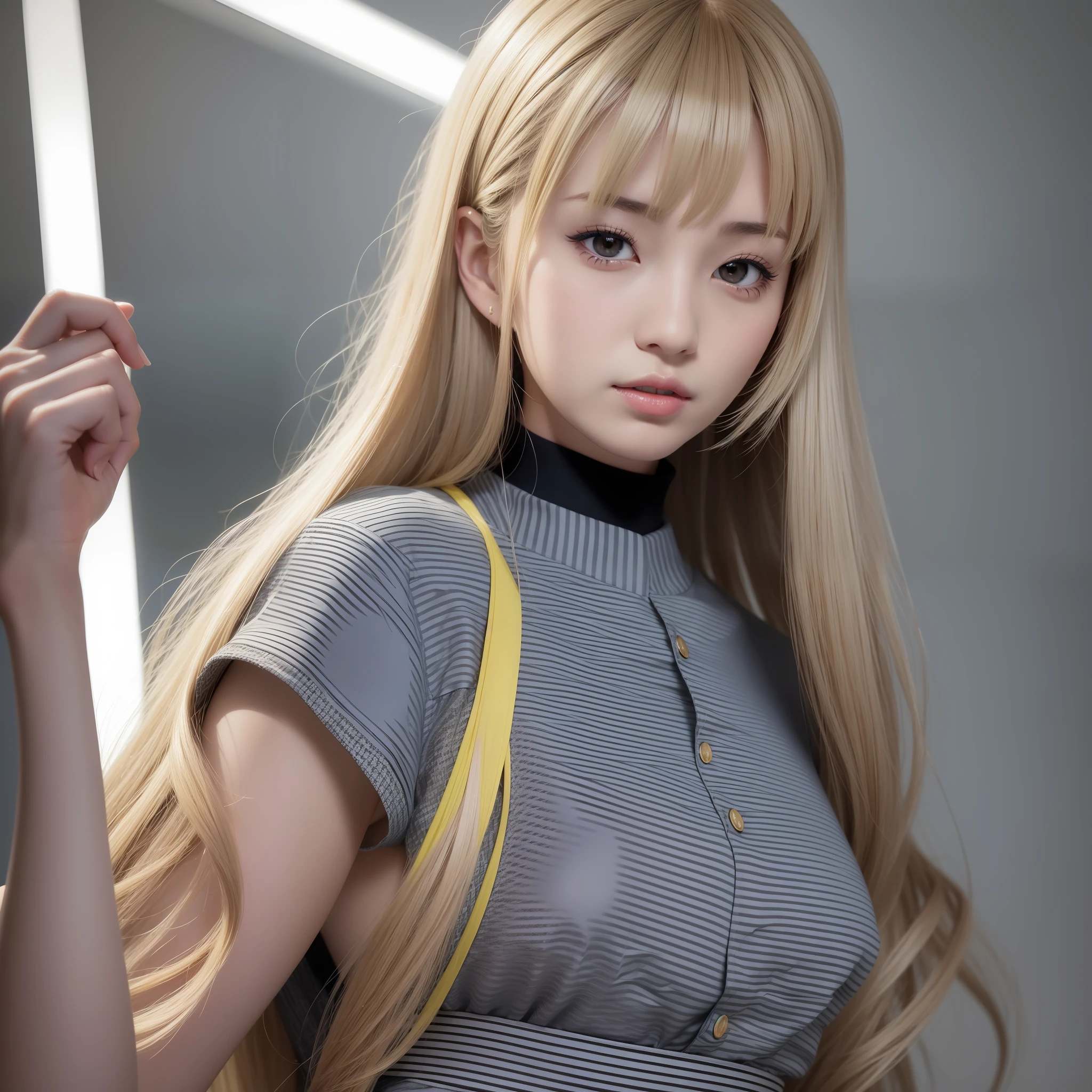 Beautiful Japan woman, nice perfect face with soft skin, small face with nose and rose-like lips, beautiful eyes, beautiful smile. Black, thin and long beautiful hair bathed in a bright etheric shine. Gradient highlight greige layer loose fluffy medium hairstyle, navy band collar shirt× houndstooth yellow flared skirt, bright neon colorful background, super realistic woman photo, high quality High Resolution 8K masterpiece