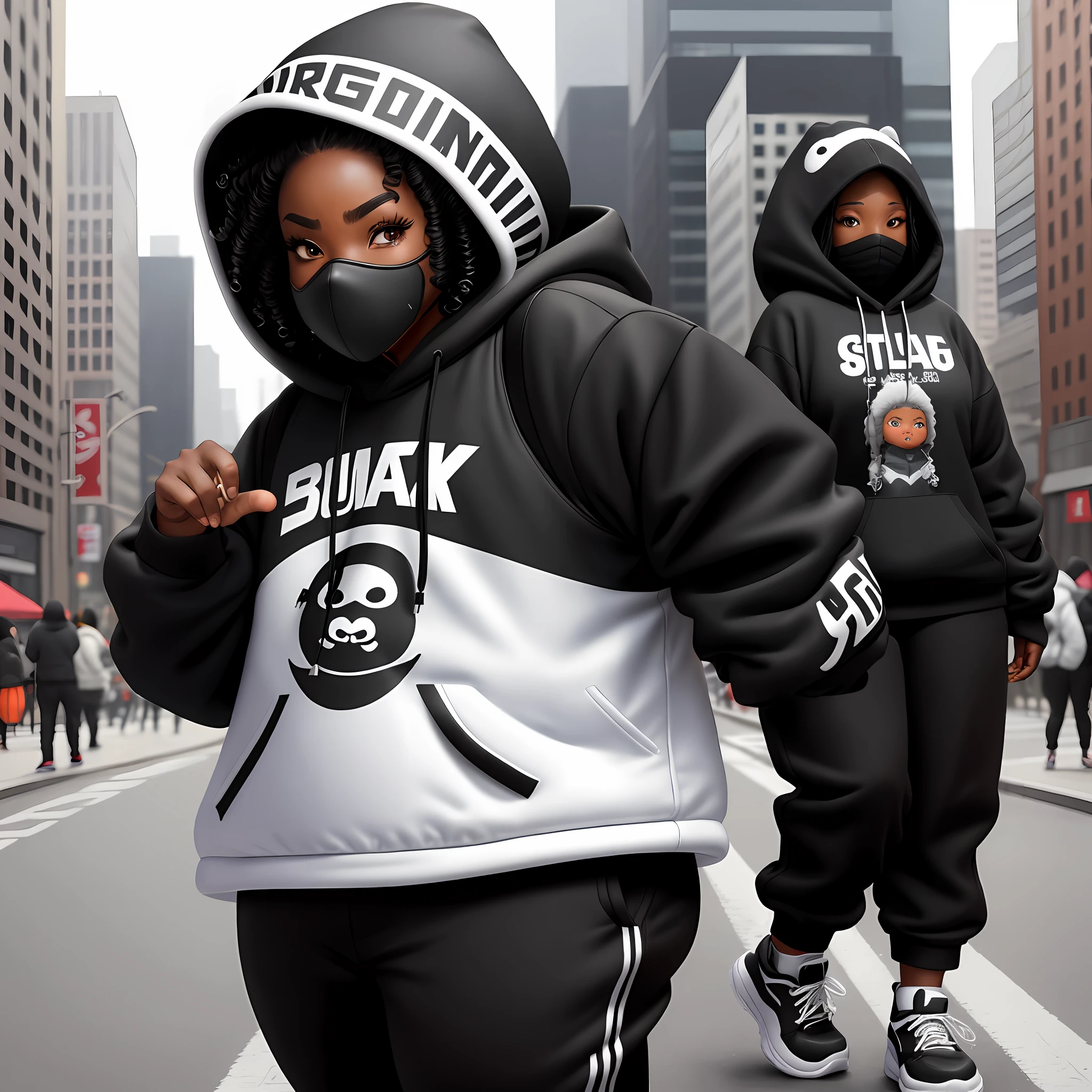 Woman, black skin, hood on head, ninjamoletom mask and black pants, black and white sneakers, big cheeks, round face, big mouth, piercing in mouth, medium curly hair black with white, serious expression, low point of view, gray scenery in the city, hip hop style