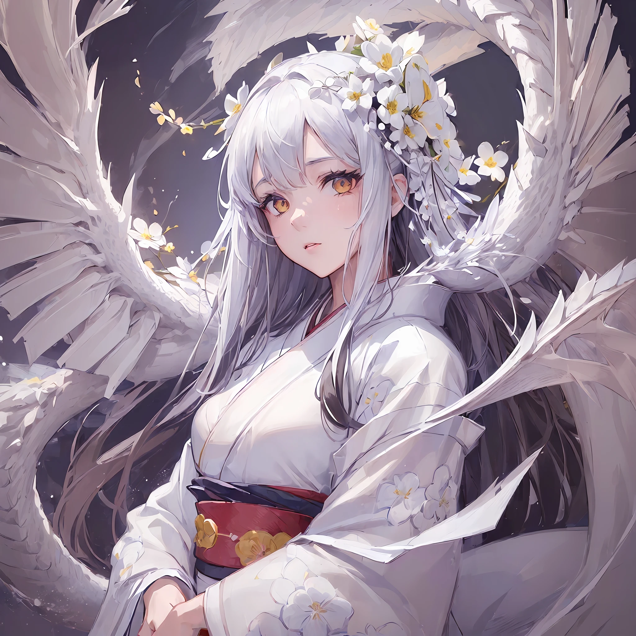 ((1 girl wearing flowery white kimono:1.4) & (long black hair with bangs:0.8)), (dramatic lighting:0.7), amazing cinematic composition with amazing art, (an amazing white dragon, thoroughly illustrated:1.4), deep shadows and strong contrast.