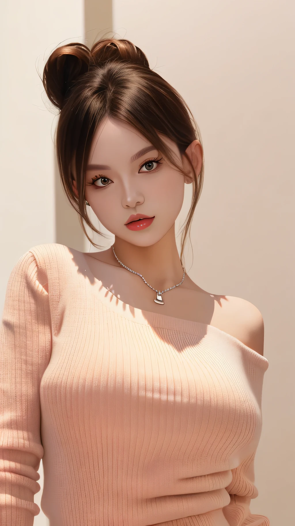 masterpiece, best quality, 8k, flawless, detailed background, soft lighting,
((1girl, solo)), upper body, face focus, close up, looking at viewer, hair bun, (glossy lips, large breasts), solo focus,
sweater, off shoulder, necklace,
