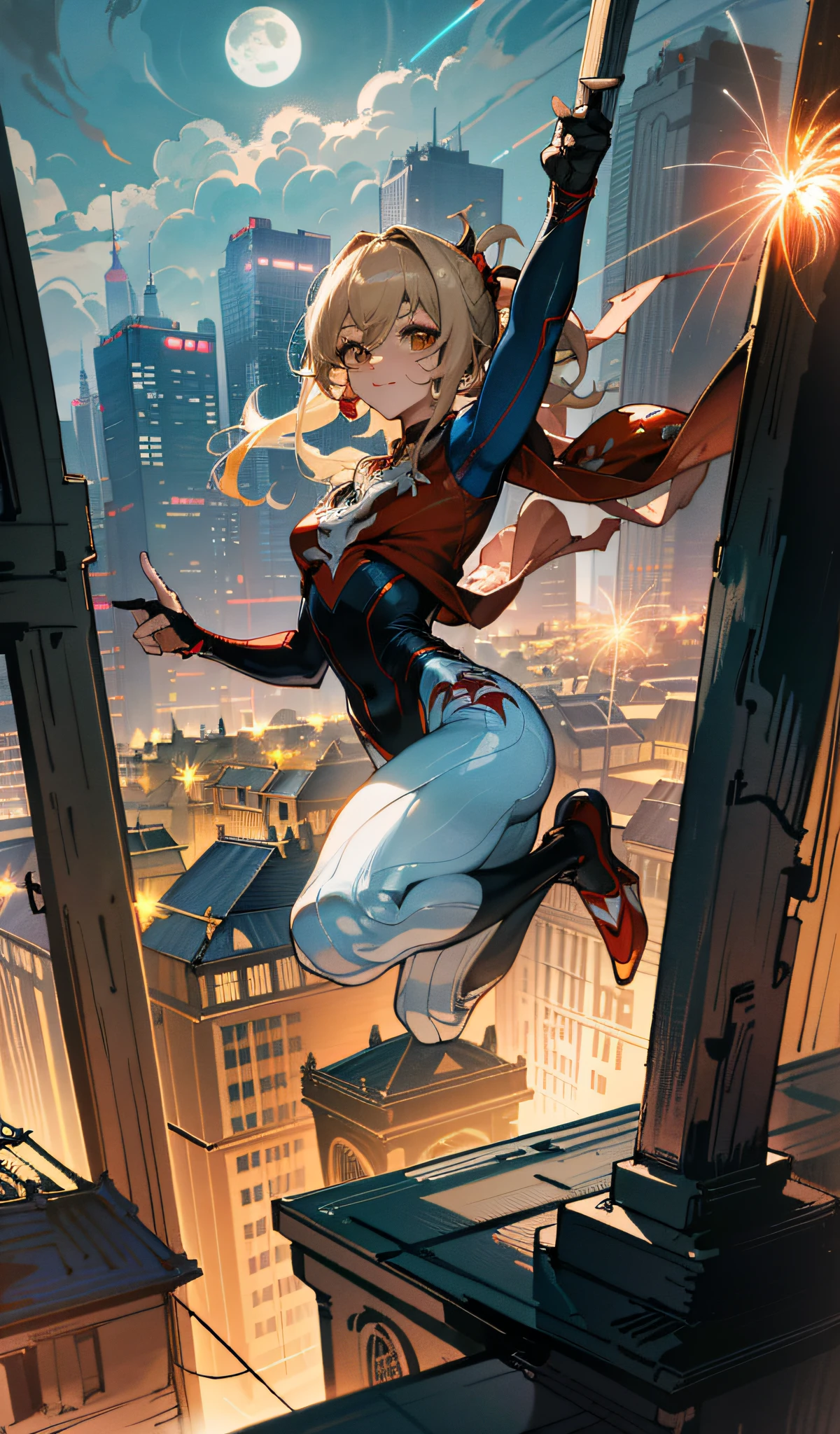 (Masterpiece, 4K resolution, ultra-realistic, very detailed), (White superhero theme, glamorous, there's a girl at the top of town, wearing a Spider-Man costume, she's a superhero,[((25 years old), full body, ((Spider-Man pose), show strength, jump from building to building), ((sandy urban environment): 0.8)|(cityscape, night, dynamic lights), (full moon))]] # Note: The prompt mainly describes ultra-high-definition 4K paintings, which are very realistic and very detailed. It shows a superheroine at the top of the city, dressed in a Spider-Man costume. The subject of the painting is a white superhero theme, he is 25 years old and his entire figure is shown in the painting. In depicting the behavior of superheroes, spiders are used,