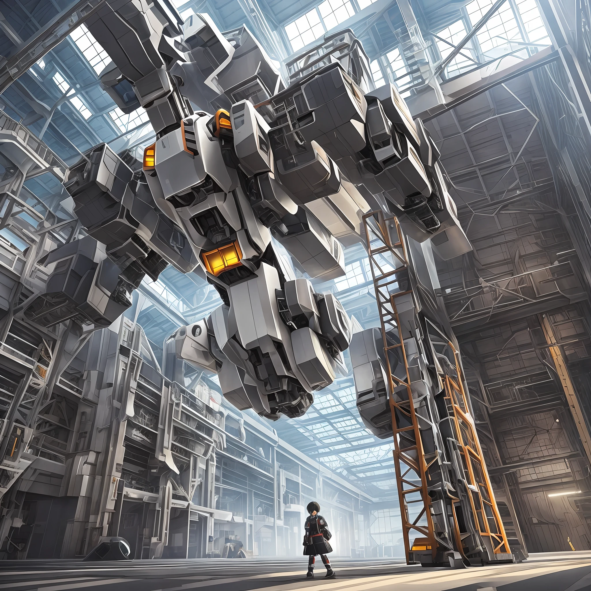 Japan robot anime, protagonist mecha, hangar, under maintenance, girl looking up --auto --s2