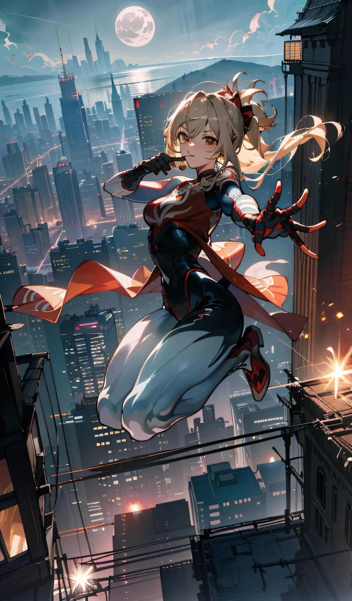 (Masterpiece, 4K resolution, ultra-realistic, very detailed), (White superhero theme, glamorous, there's a girl at the top of town, wearing a Spider-Man costume, she's a superhero,[((25 years old), full body, ((Spider-Man pose), show strength, jump from building to building), ((sandy urban environment): 0.8)|(cityscape, night, dynamic lights), (full moon))]] # Note: The prompt mainly describes ultra-high-definition 4K paintings, which are very realistic and very detailed. It shows a superheroine at the top of the city, dressed in a Spider-Man costume. The subject of the painting is a white superhero theme, he is 25 years old and his entire figure is shown in the painting. In depicting the behavior of superheroes, spiders are used,