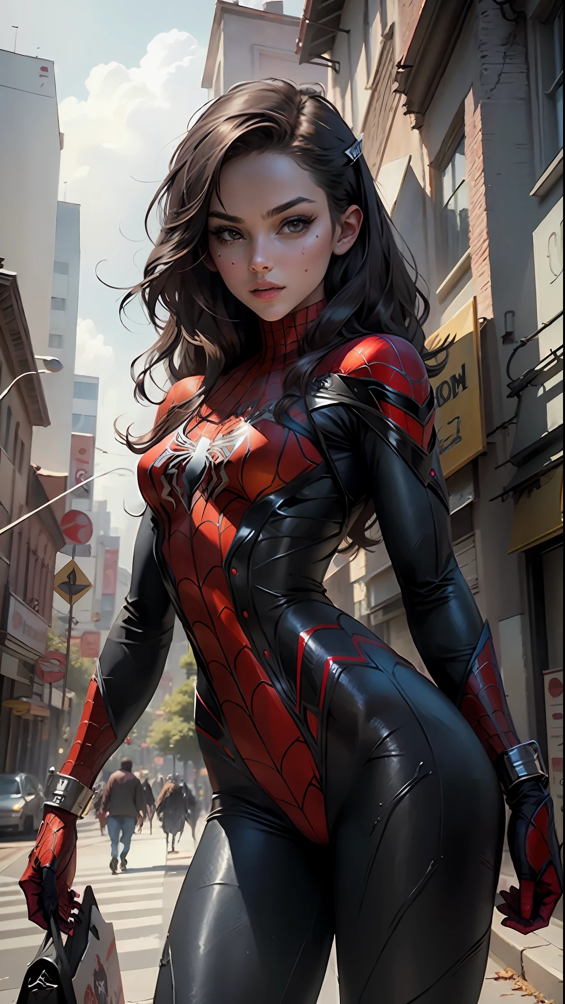 Beautiful woman detailed defined body using spider man cosplay, small breasts