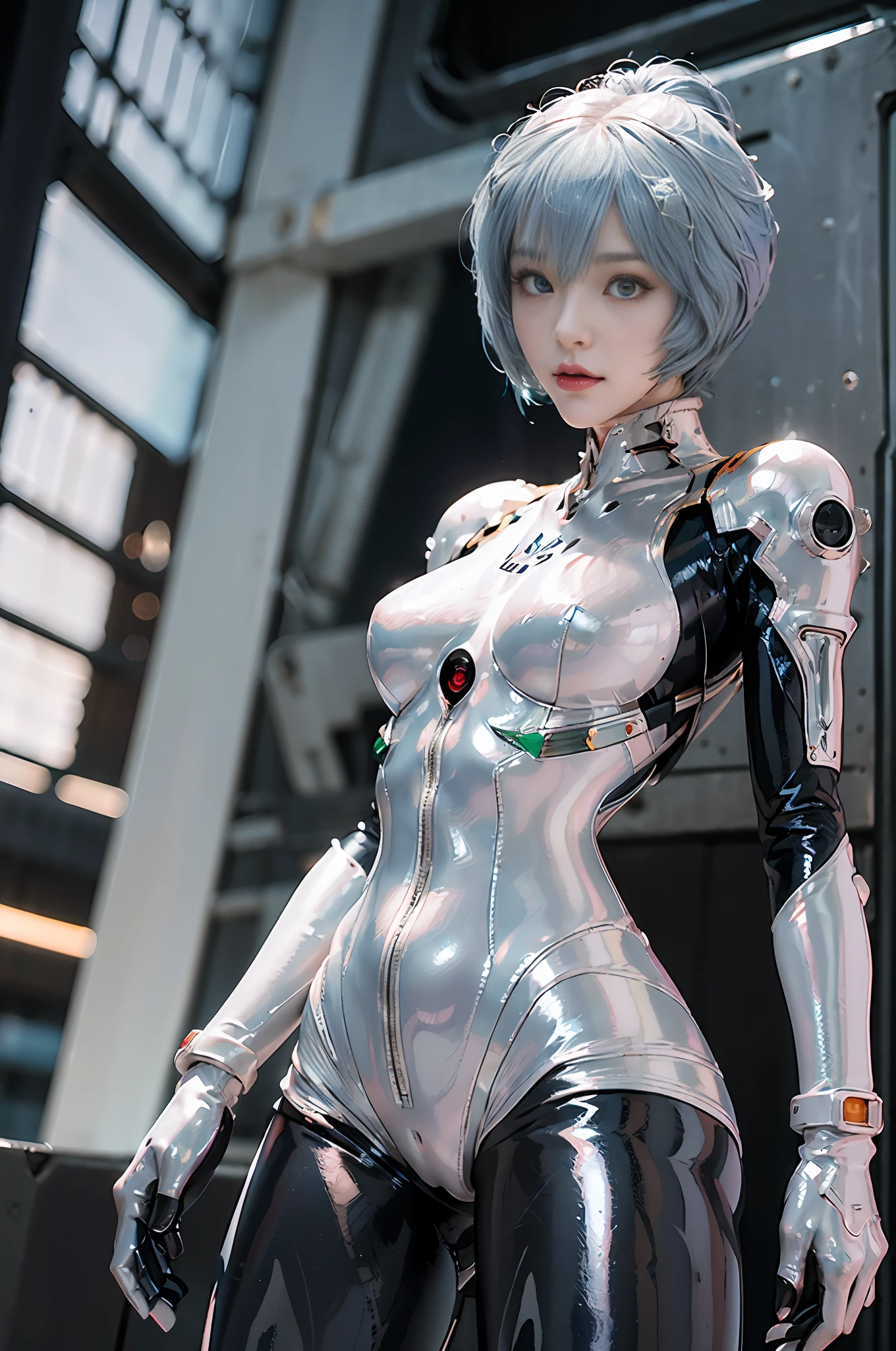 Masterpiece,NSFW1.1,((Whole body:1.1))))), (Realistic),Photos, Best Quality, 1 female,((Tall:1.1))),Ear fold,(((Rei Ayanami, Plug Suit 00:1.1))),((Red Eyes,Beautiful Face, Beautiful Eyes:1.1)))), (((Cute Face)), Wet Eyes, Face,Detail Face, Detail Lips, Detail Eyes, (Thin and Sharp Pale Eyebrows :1.1 long eyelashes), double eyelids, (seductive smile), (gentle expression, fleeting expression))),(turning sexy pose), sexy buttocks, (pearl rubber suit with strong metallic luster and smooth surface), ((sexy tight metallic shiny latex suit)))), (two thick black lines from thighs to buttocks: 1.1))), ( Movie lighting: 1.1),From below, (upright), (camelt), (sleek body line)), pale short hair, (pale thin eyebrows)), beautiful hair, (big round sexy breasts: 1.5), small logo pattern on the chest 00:1.1,mech suit, sexy thin long waist, white skin, (advanced cyberpunk research facility in the background)),(Spectacular midnight starry sky in the background : 1.5, a magnificent large full moon in the background, a spaceship in the background)))), (Face and eye details: 1.1), loneliness, blushing, (shy sexy pose)), very delicate and beautiful girl, standing, ((sexy pose with both hands on it)),(Sexy pose with closed legs)),(To8 contrast style), small egg-shaped psychosensory device on both sides of the head