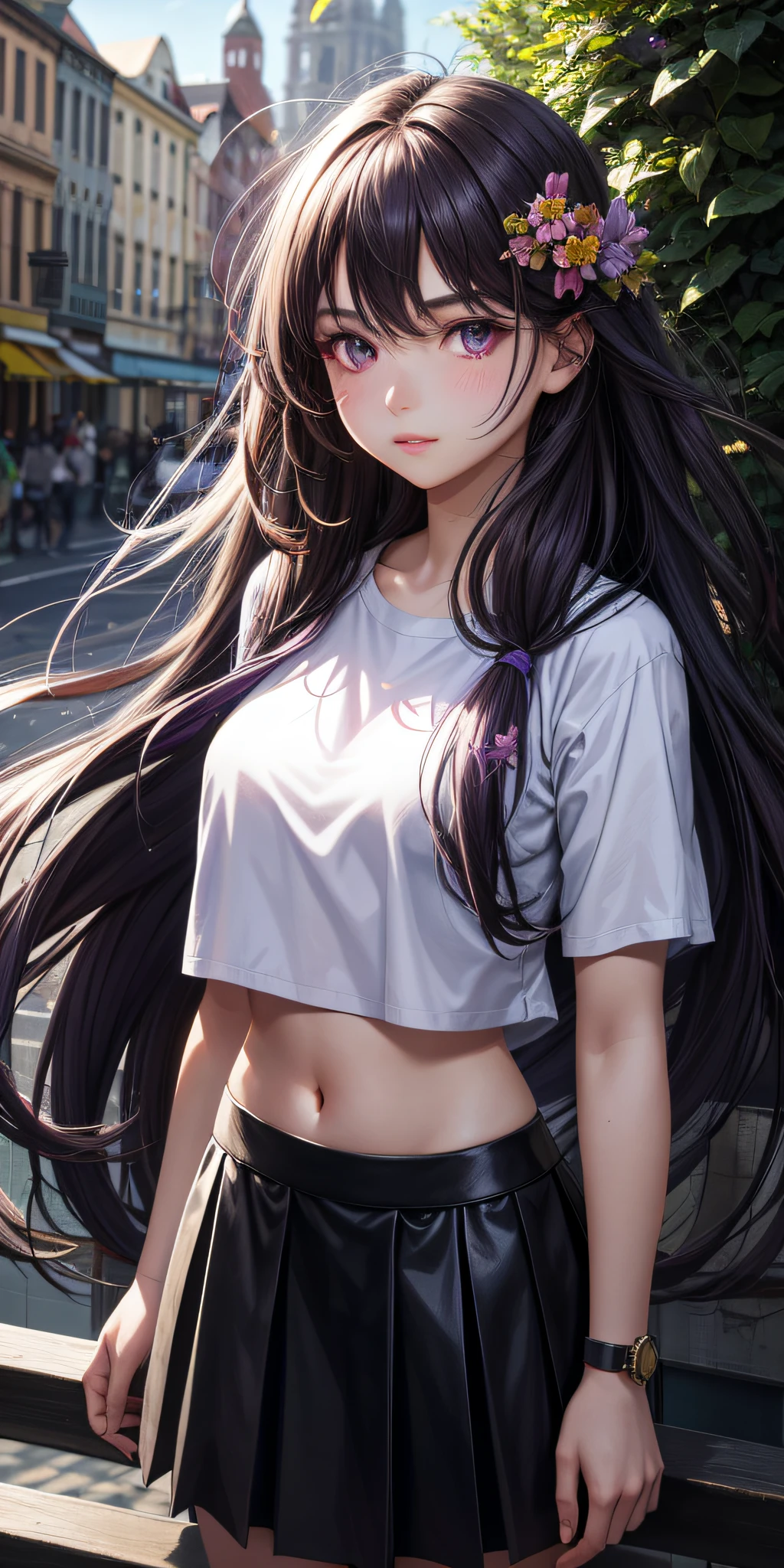 Realistic, 1girl, long hair, messy purple eyes, glowing eyes, cropped top, skirt, parted lips, blush, flowers, sun, sunlight,