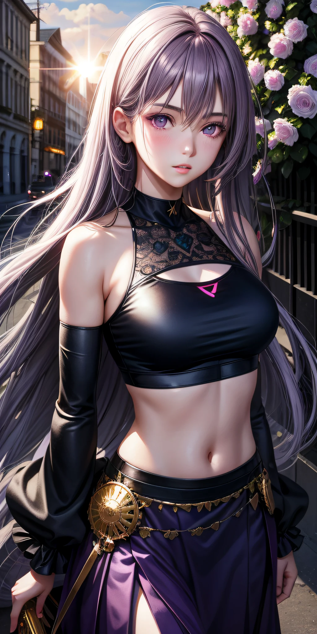 Realistic, 1girl, long hair, messy purple eyes, glowing eyes, cropped top, skirt, parted lips, blush, flowers, sun, sunlight,