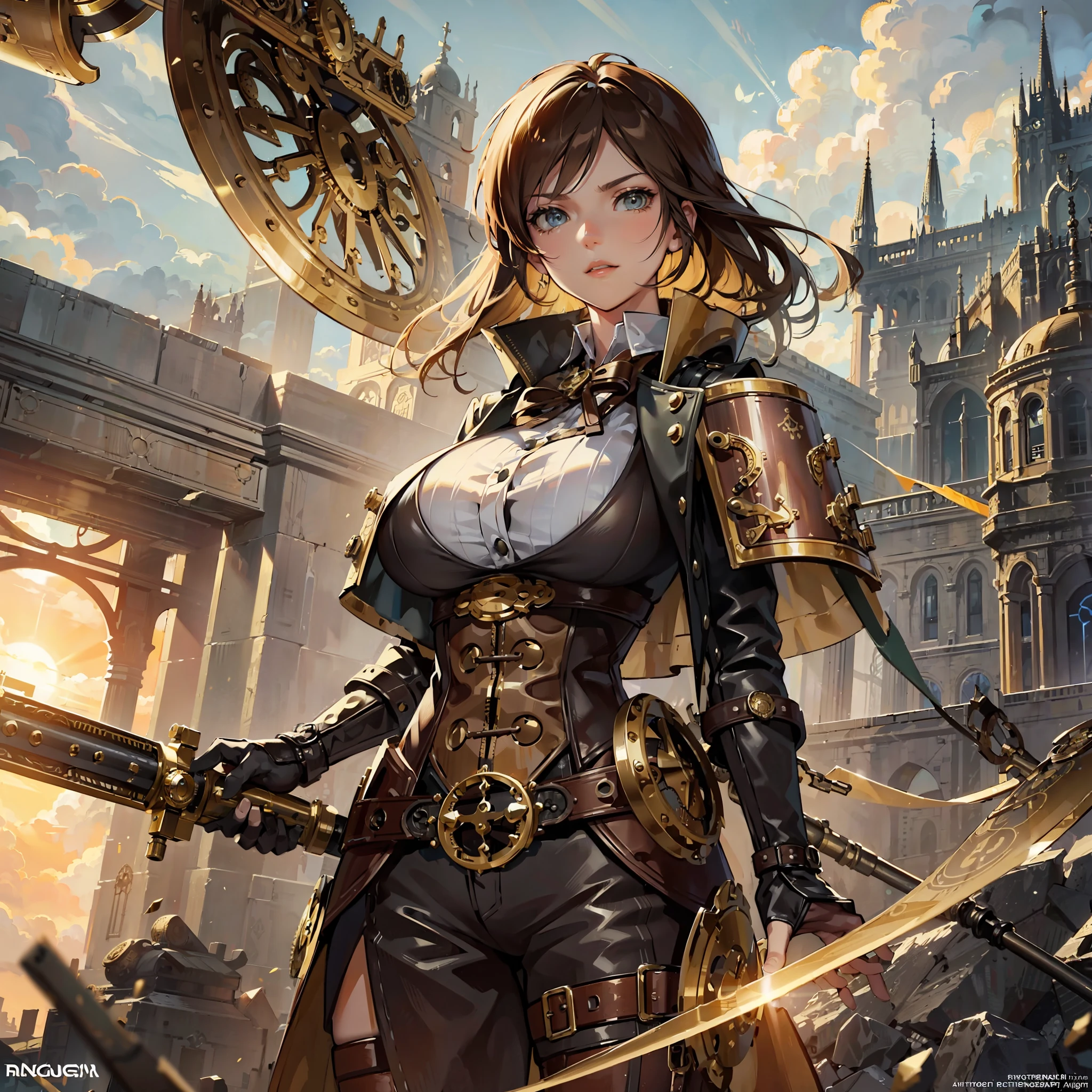 (((steampunk))),(((holding a shield, focus camera on a shield))),young woman, gigantic nude very sagging breast,steampunk clothes, steampunk airship, clouds, high detail, Gothic art, Baroque, motion blur, ray tracing, reflection light, multiple views, perspective, Ultra-Wide Angle, masterpiece, anatomically correct, textured skin, super detail, high details, high quality, best quality, highres, 16k, HD