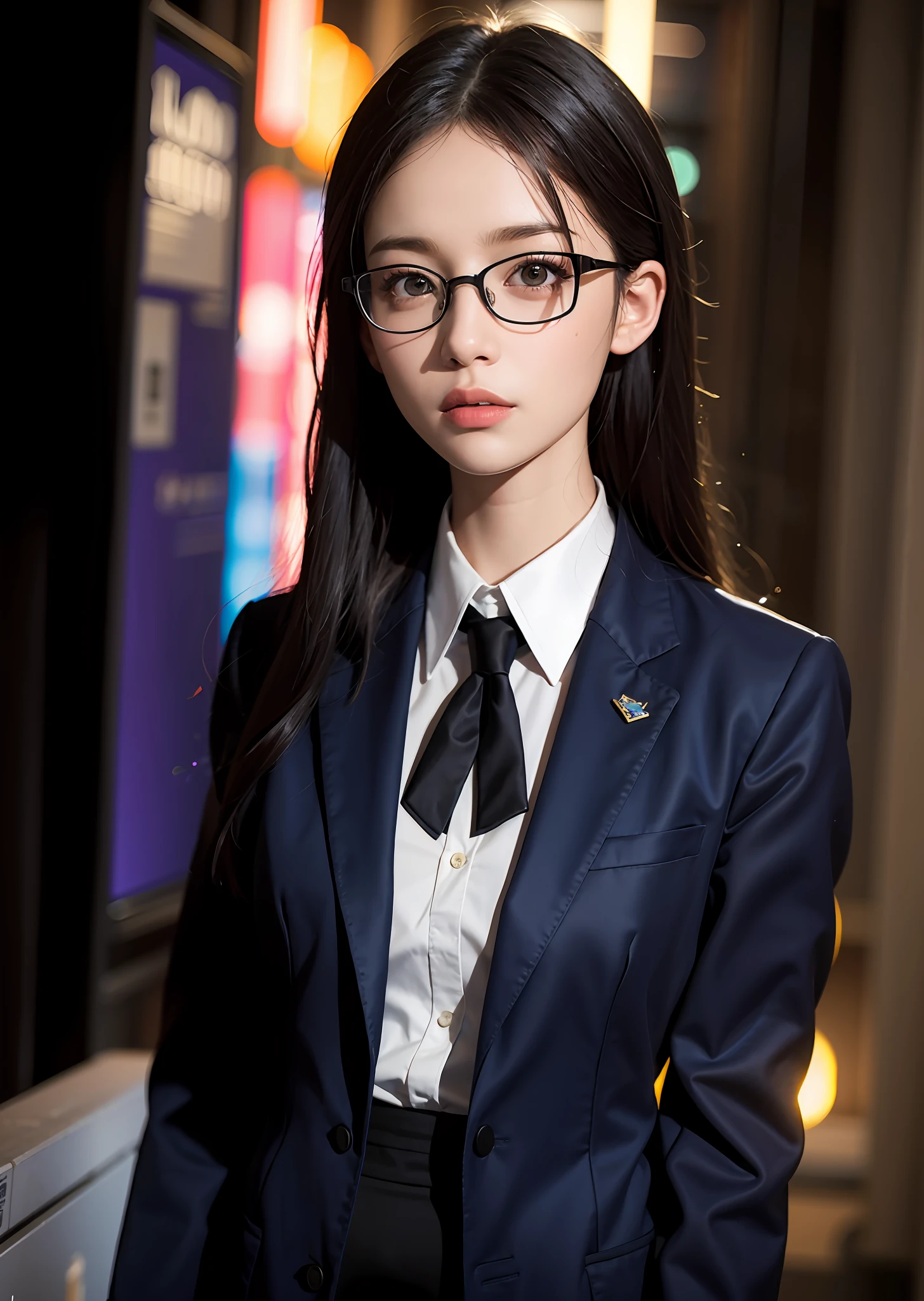 Surrealistic female portraits by David Hockney and Alphonse Mucha, fantasy art, photorealism, dynamic lighting, artstation, poster, volumetric lighting, very detailed faces, 4k, award-winning, 1girl, in the dark, deep shadows, understated, school uniform, glasses, (formal wear: 1.4), long hair,