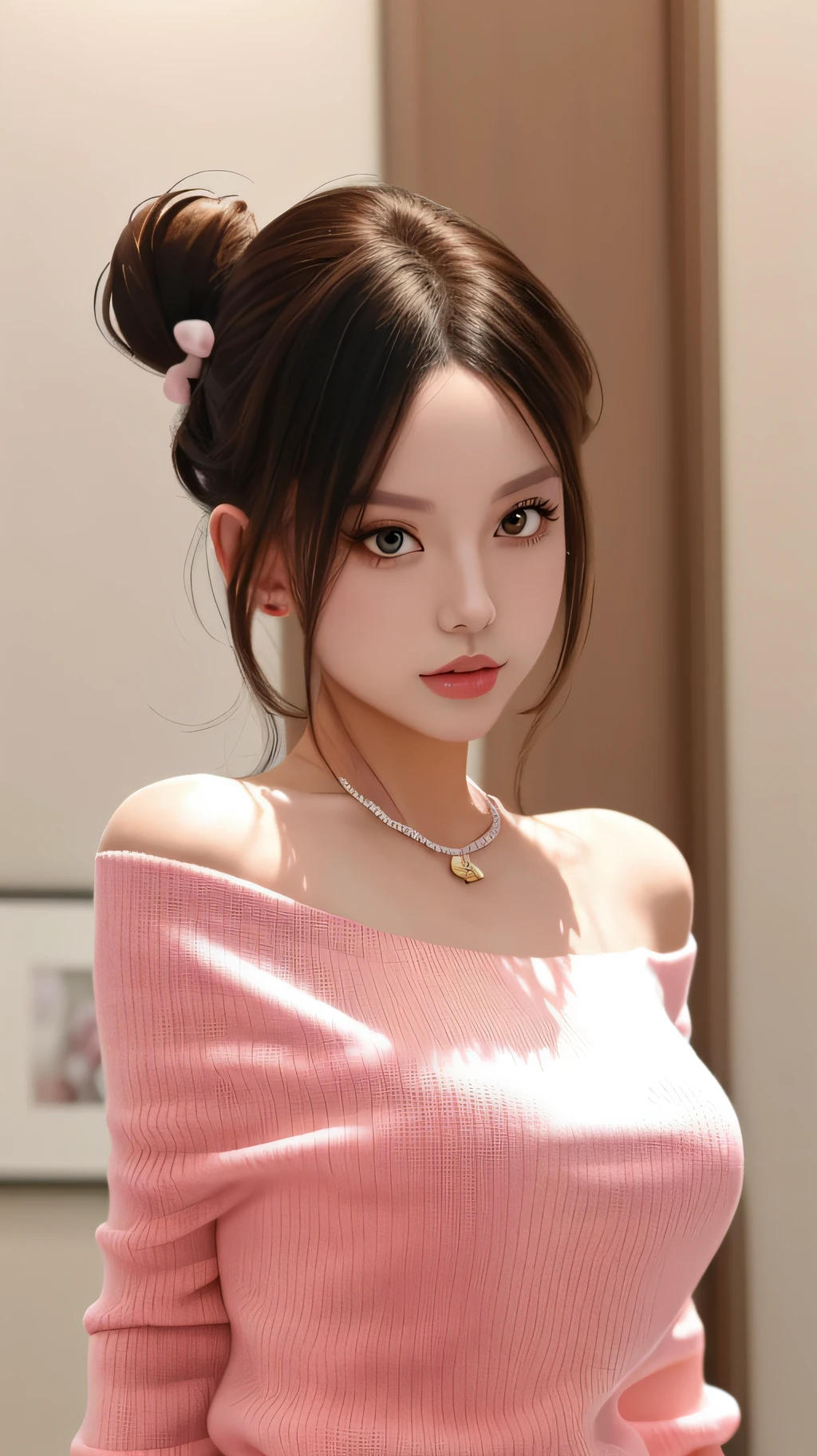 masterpiece, best quality, 8k, flawless, detailed background, soft lighting,
((1girl, solo)), upper body, face focus, close up, looking at viewer, hair bun, (glossy lips, large breasts), solo focus,
sweater, off shoulder, necklace,