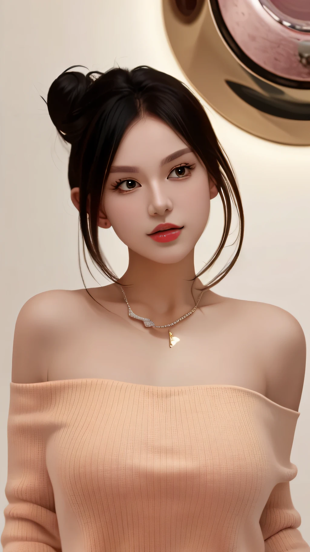 masterpiece, best quality, 8k, flawless, detailed background, soft lighting,
((1girl, solo)), upper body, face focus, close up, looking at viewer, hair bun, (glossy lips, large breasts), solo focus,
sweater, off shoulder, necklace,