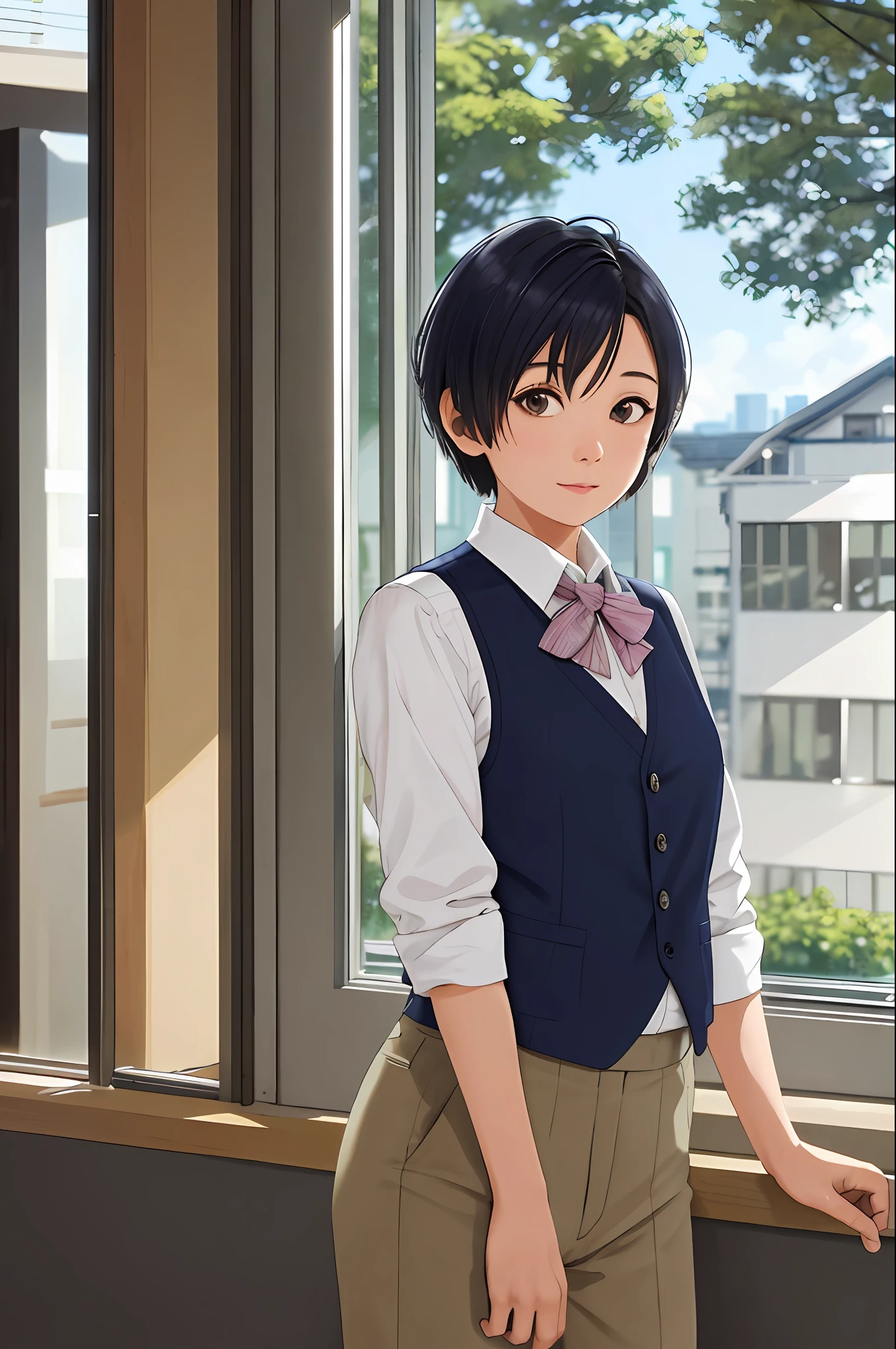 STU48, Kai Kokoai, Short hair, Short short hair, 1 girl, mature woman, vest, bow, photo, realistic, best quality, adoption, detailed face, office, building from window, detailed background, diffuse sunlight, depth of field, bokeh
