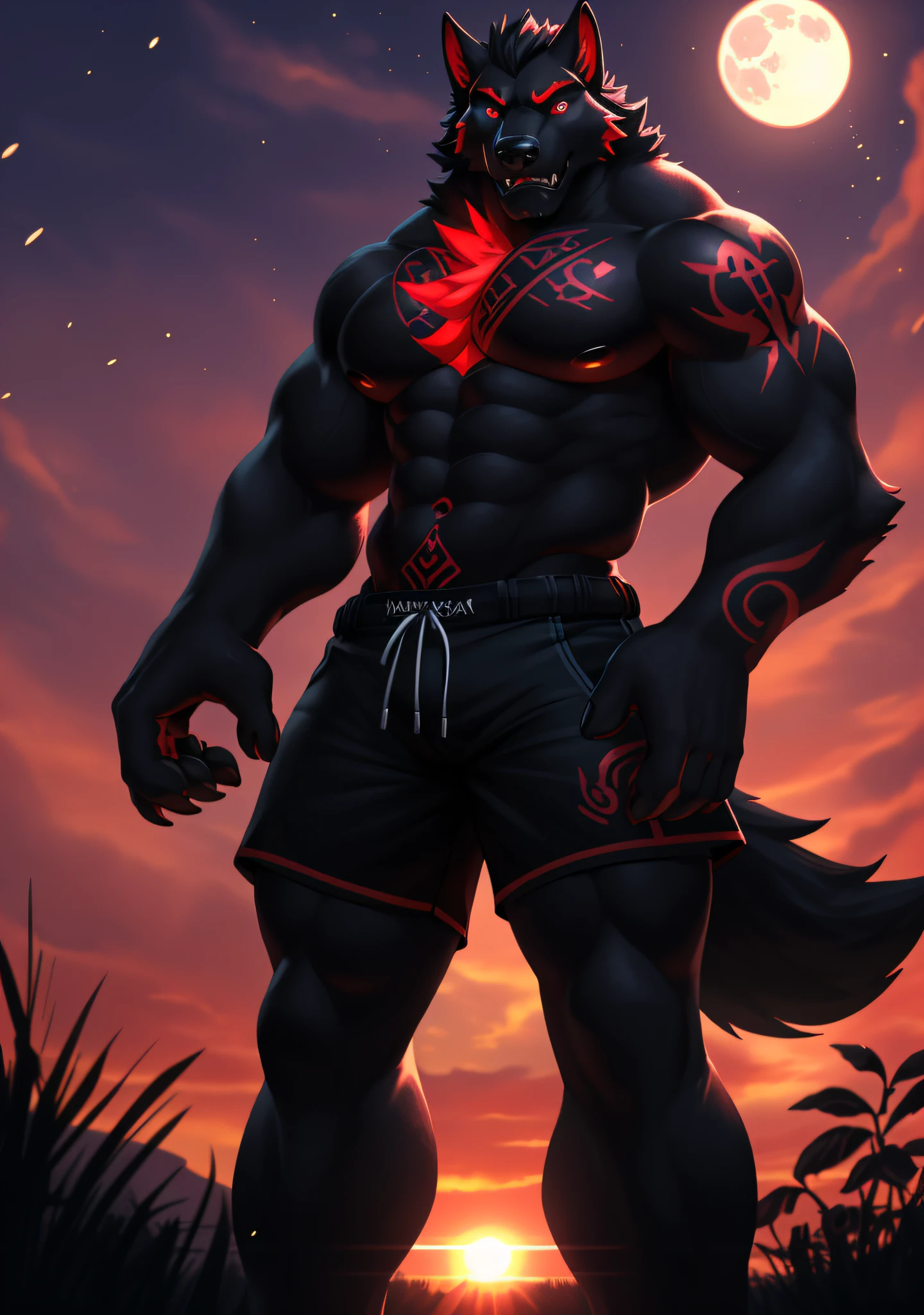 male alpha wolf in garden, black skin, red tattoo, waning moon tattoo on chest, ((heterochromia, blue left eye, red right eye)) dreamy background, kindness, ((serious, frightening expression)), unlimited light, magnificent sunset background, octane render, beautiful features, beautifully detailed eyes, intricate skin, detailed face, perfect skin texture, extreme details, full body vision,  cinematic lighting, professional lighting, centered, looking at the camera, 8k, shooting with Hasselblad X1D-50, maximum focus, depth of field, perfect lighting, light particles, (best quality), (masterpiece), (ultra detailed), sharp focus, light particles, standing, black shorts, standing, detailed legs, detailed paws,