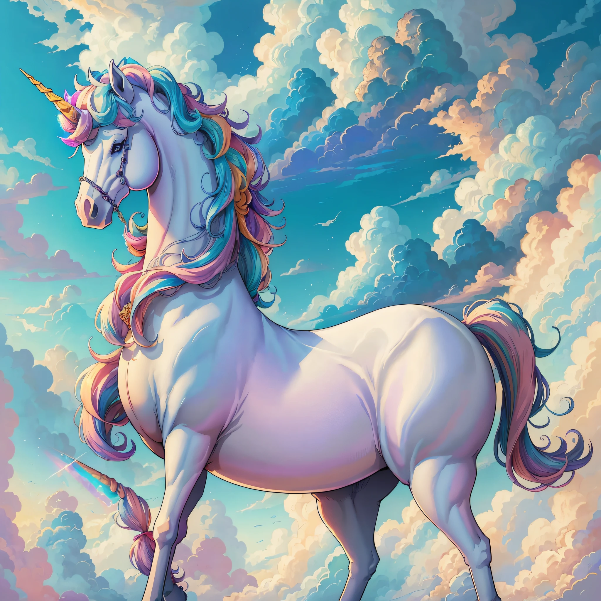 Masterpiece, best quality, {best quality}, {{masterpiece}}, {highres}, {{unicorn}}, {{unicorn in the clouds}}, drawing, 2d digital drawing, anime, 1girl, anime girl, adult, exotic, unicorn girl, colors, colorful, blue sky --auto --s2