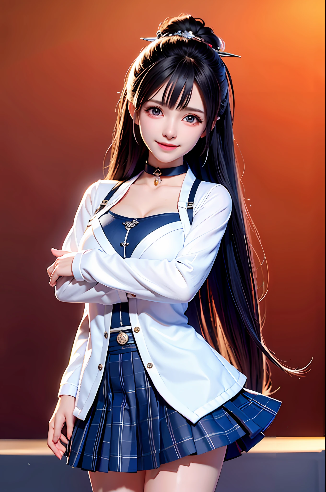 best smile, masterpiece, want to kiss, great style, full body, 1girl, bangs, black choker, black tie, blonde hair, blue skirt, blush, bracelet ,, choker, waist dress, collarbone, collared shirt, denim photography, dress shirt, ear piercing, eyebrows visible through hair, gradient hair, grinning, gal, jewelry, kogal, long hair, look at the audience, loose tie, tie, piercing, plaid skirt, plaid skirt, pleated skirt, red eyes, ring, school uniform, shirt, skirt, smile, solo, white shirt, street, sky, cherry, petal, illustration, (Magazine: 1.3), (cover style: 1.3), fashion, woman, vibrant, outfit, posing, front, colorful, dynamic, background, element, confidence, expressive, hold, statement, attachment, majestic, coiled, around, touch, scene, text, cover, bold, eye-catching, title, fashion, font, catchy, title, big, eye-catching, modern, stylish, focus, stylish black stockings