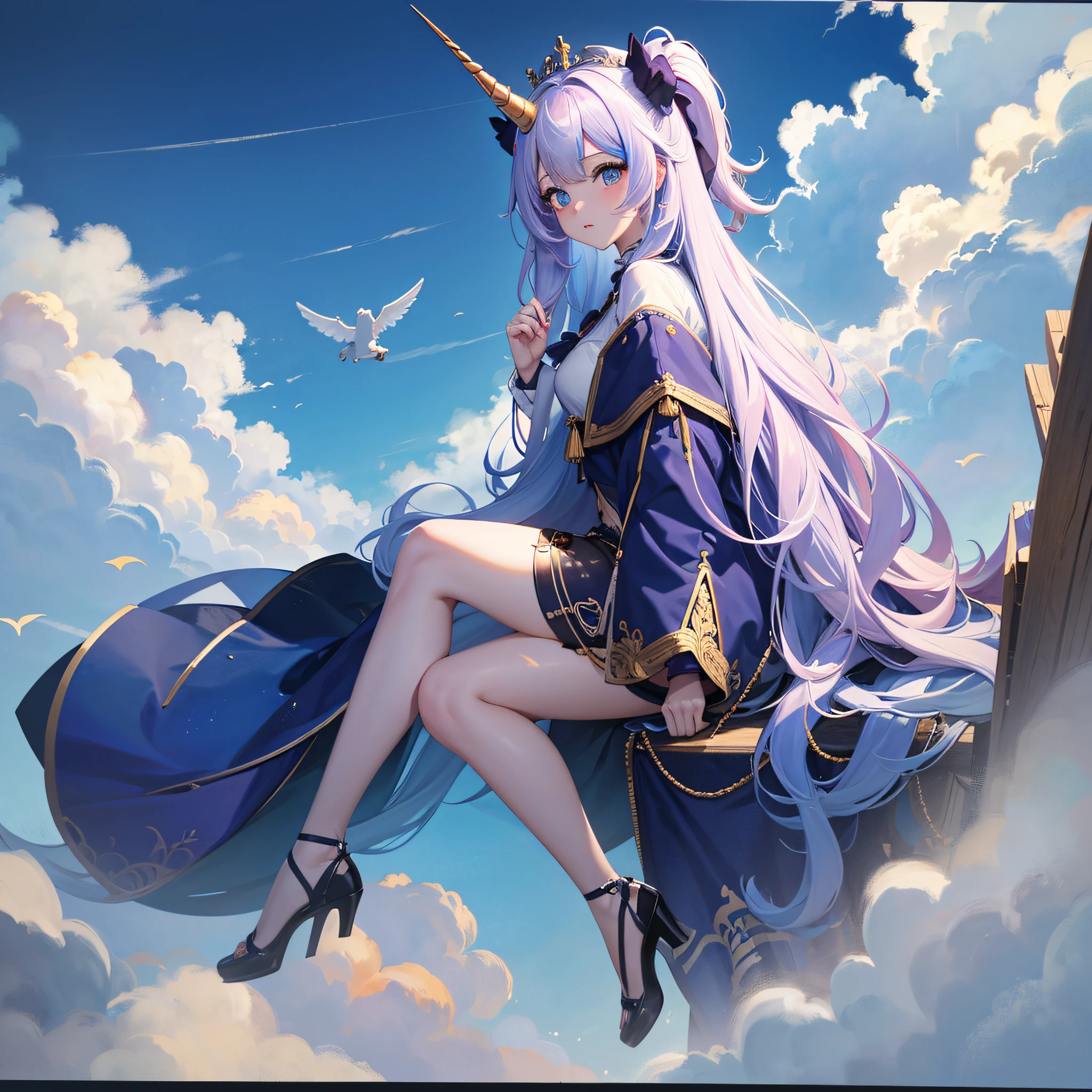 Masterpiece, best quality, {best quality}, {{masterpiece}}, {highres}, {{unicorn}}, {{unicorn in the clouds}}, drawing, 2d digital drawing, anime, 1girl, anime girl, adult, with unicorn horn, exotic, long hair, colored hair, heterochromia, colors, colorful, blue sky --auto --s2