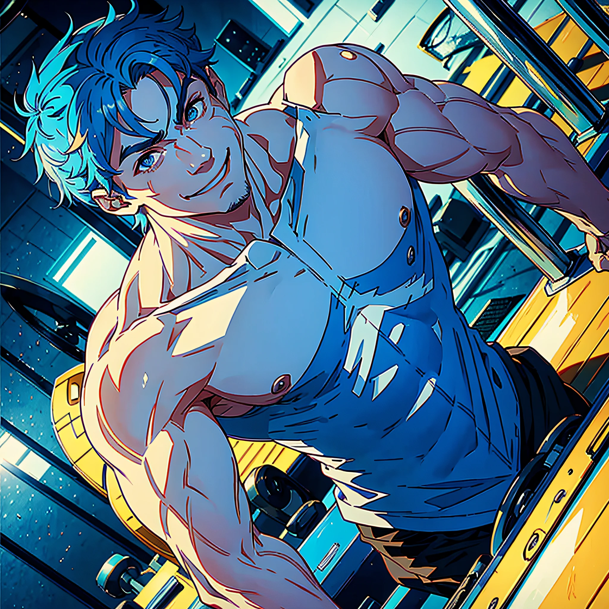1 man, show muscles, strong, blue hair, blue eyes, white, smile, gym