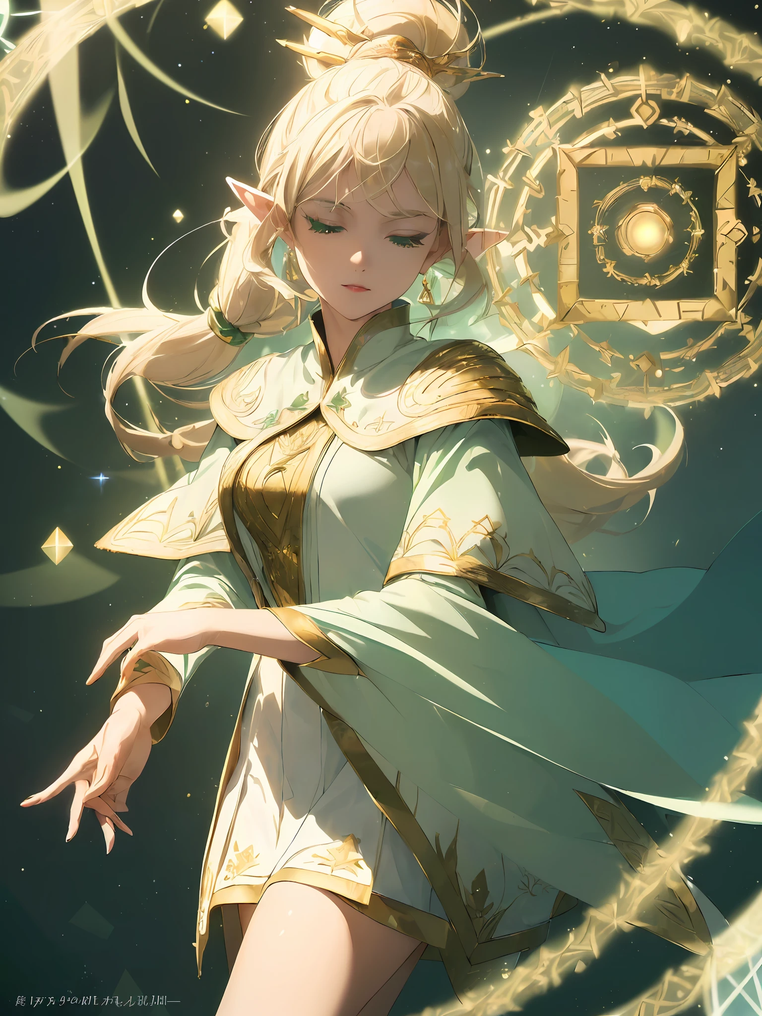 (((Masterpiece, highest quality, high definition, high detail)))), ((((Fantasy))), one, (Elf woman)))), (short skirt of white with gold embroidery), (blonde long straight ponytail), (glossy dark green eyes), (green cloak armor with golden embroidery), (green gauntlet with golden embroidery), big, tilting the head, (breeze), (chanting with eyes closed)), (A lot of glowing particles are flying), (((Vortex of light gathers in the hand)), (((Geometric pattern overhead, a circle of light with letters floating in the distance)))