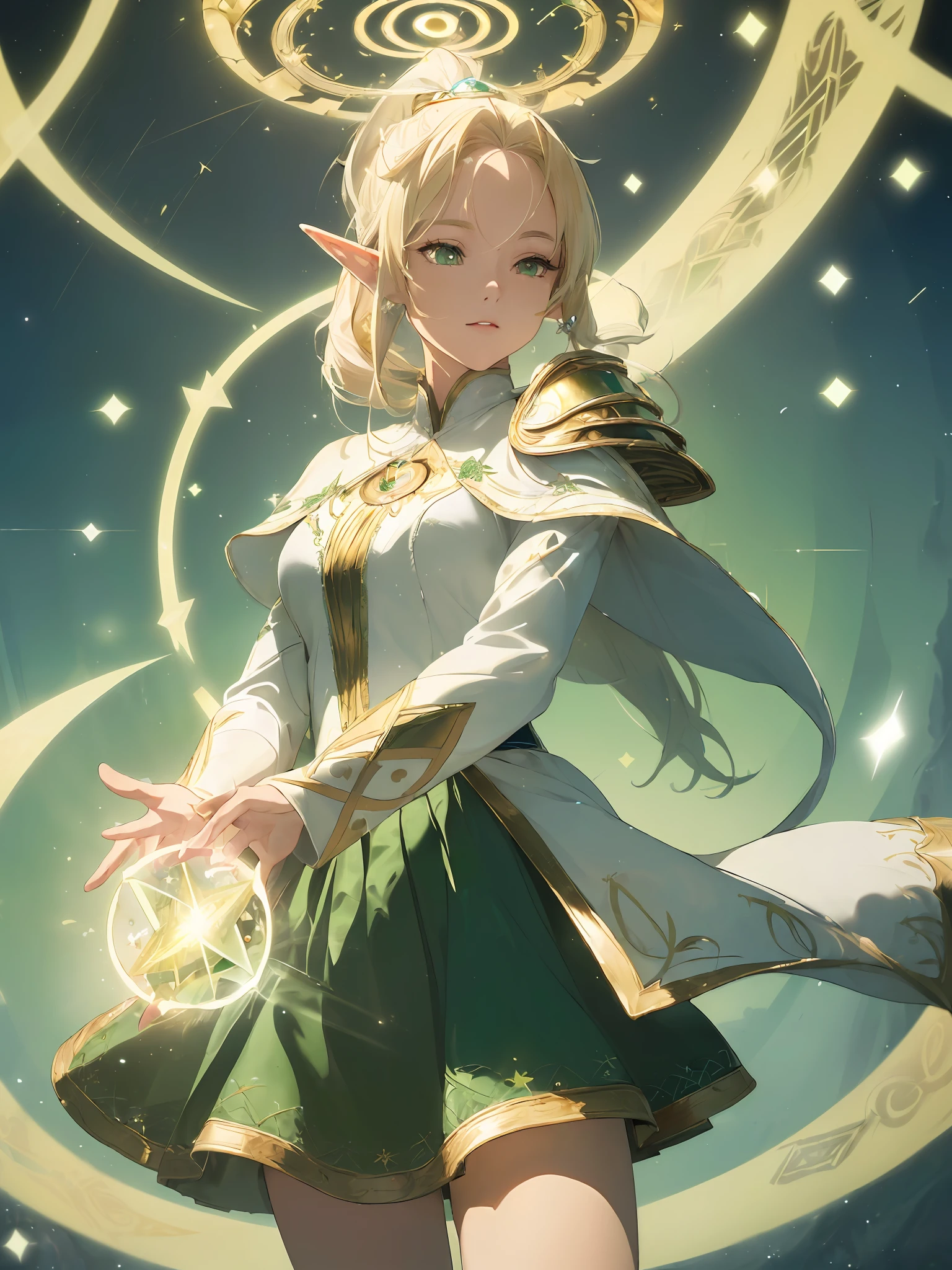 (((Masterpiece, highest quality, high definition, high detail)))), ((((Fantasy))), one, (Elf woman)))), (short skirt of white with gold embroidery), (blonde long straight ponytail), (glossy dark green eyes), (green cloak armor with golden embroidery), (green gauntlet with golden embroidery), big, tilting the head, (breeze), (chanting with eyes closed)), (A lot of glowing particles are flying), (((Vortex of light gathers in the hand)), (((Geometric pattern overhead, a circle of light with letters floating in the distance)))