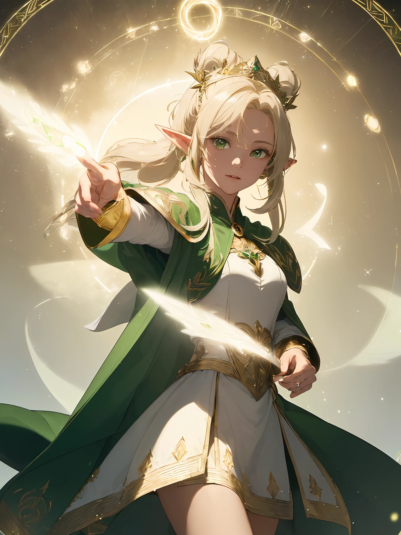 (((Masterpiece, highest quality, high definition, high detail)))), ((((Fantasy))), one, (Elf woman)))), (short skirt of white with gold embroidery), (blonde long straight ponytail), (glossy dark green eyes), (green cloak armor with golden embroidery), (green gauntlet with golden embroidery), big, tilting the head, (breeze), (chanting with eyes closed)), (A lot of glowing particles are flying), (((Vortex of light gathers in the hand)), (((Geometric pattern overhead, a circle of light with letters floating in the distance)))