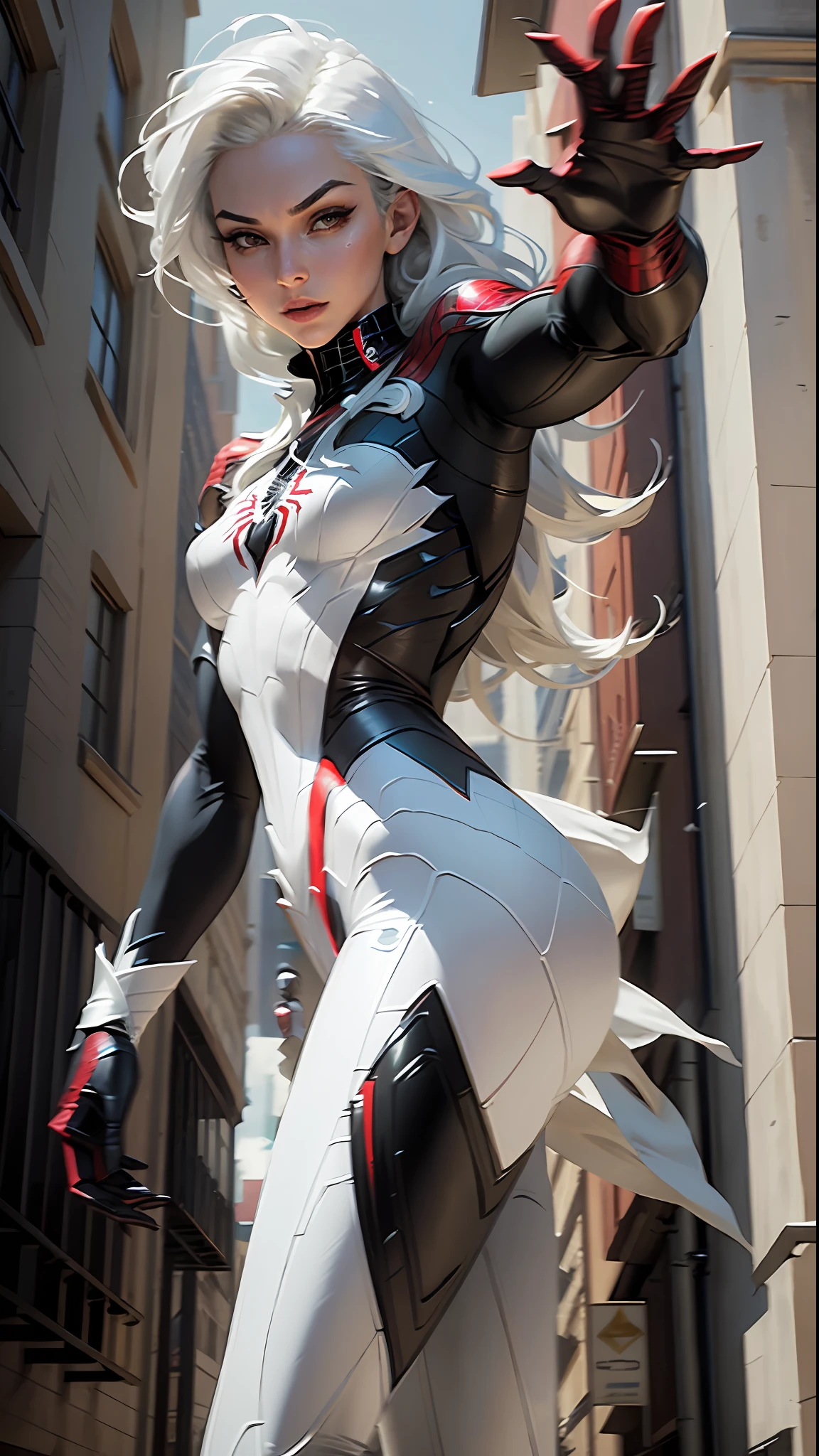 Beautiful woman waving to appear, dashing posture, wearing elegant white hair, perfect figure, female Spider-Man, heroic and sassy.