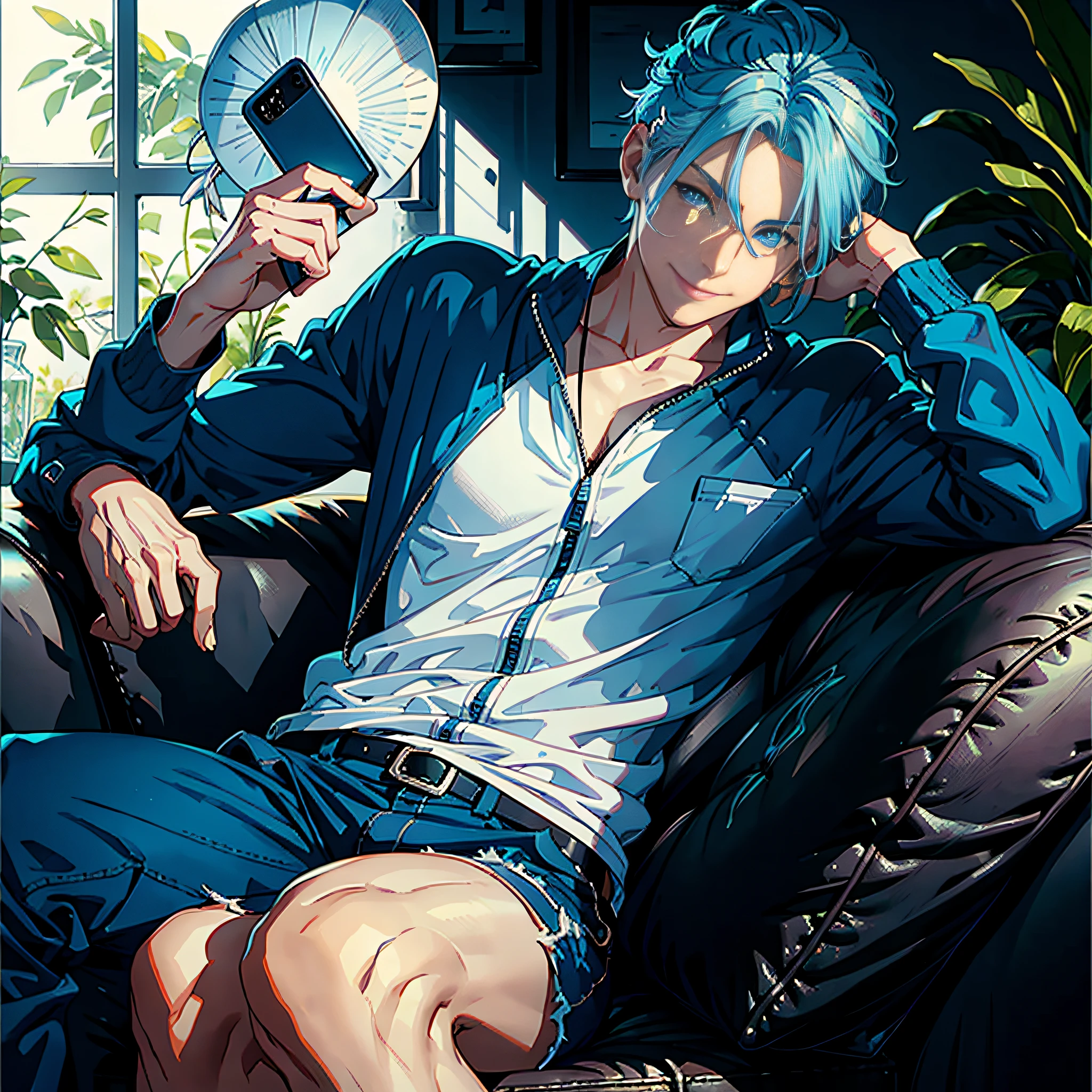 1 man, holding a mobile phone, strong, blue hair, blue eyes, white, smiling, sitting on sofa