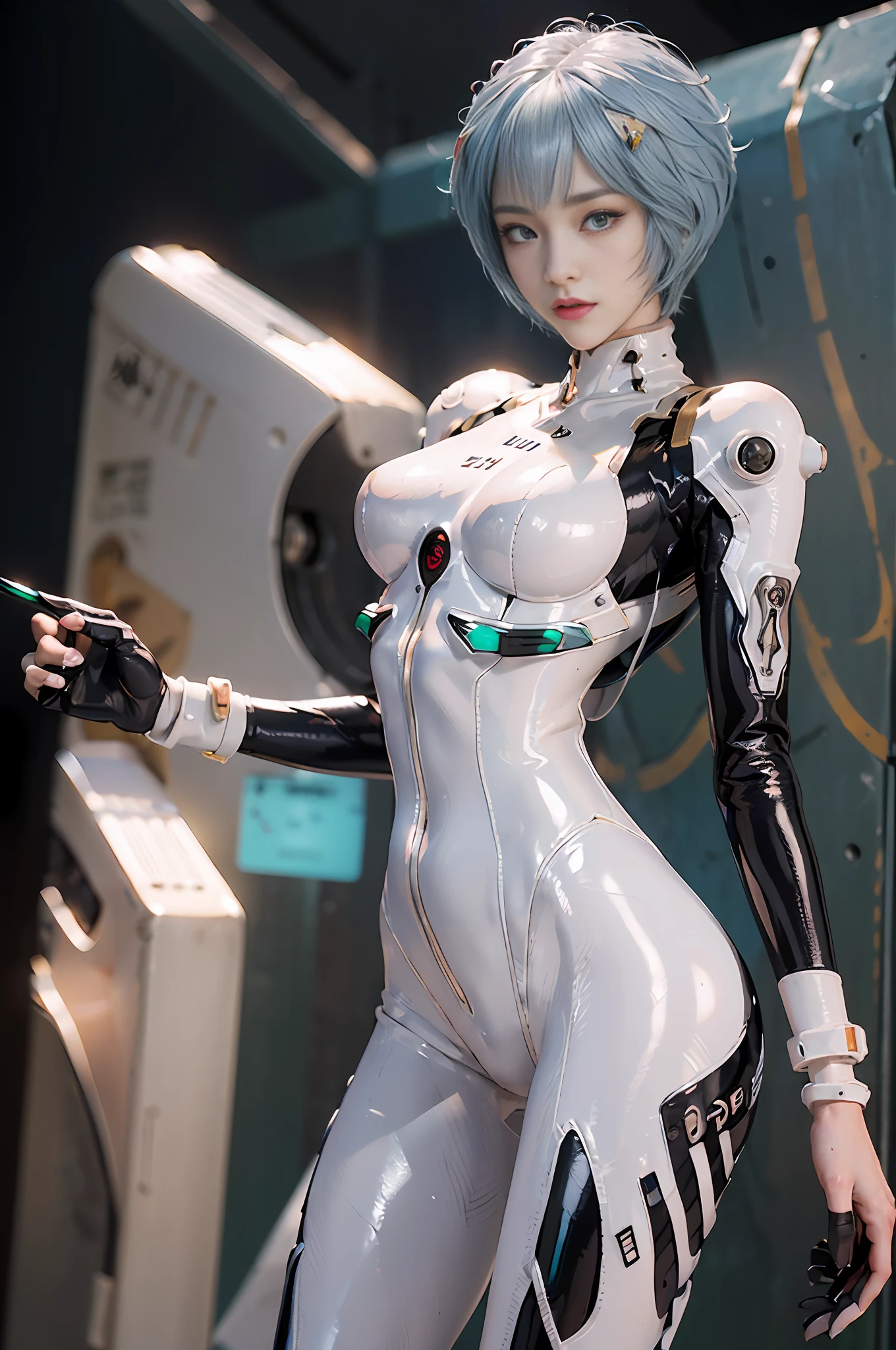 Masterpiece,NSFW1.1,((Whole body:1.1))))), (Realistic),Photos, Best Quality, 1 female,((Tall:1.1))),Ear fold,(((Rei Ayanami, Plug Suit 00:1.1))),((Red Eyes,Beautiful Face, Beautiful Eyes:1.1)))), (((Cute Face)), Wet Eyes, Face,Detail Face, Detail Lips, Detail Eyes, (Thin and Sharp Pale Eyebrows :1.1 long eyelashes), double eyelids, (seductive smile), (gentle expression, fleeting expression))),(turning sexy pose), sexy buttocks, (pearl rubber suit with strong metallic luster and smooth surface), ((sexy tight metallic shiny latex suit)))), (two thick black lines from thighs to buttocks: 1.1))), ( Movie lighting: 1.1),From below, (upright), (camelt), (sleek body line)), pale short hair, (pale thin eyebrows)), beautiful hair, (big round sexy breasts: 1.5), small logo pattern on the chest 00:1.1,mech suit, sexy thin long waist, white skin, (advanced cyberpunk research facility in the background)),(Spectacular midnight starry sky in the background : 1.5, a magnificent large full moon in the background, a spaceship in the background)))), (Face and eye details: 1.1), loneliness, blushing, (shy sexy pose)), very delicate and beautiful girl, standing, ((sexy pose with both hands on it)),(Sexy pose with closed legs)),(To8 contrast style), small egg-shaped psychosensory device on both sides of the head