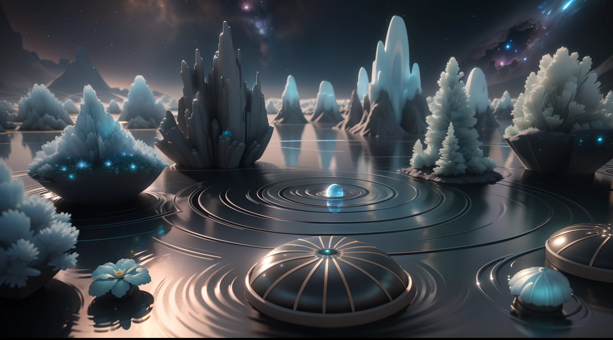 3d rendering of miniature interstellar landscapes in water, Matte metallic texture plant, Octane rendering, unreal-engine, Impressionism, Luminism, f/1.8, ray tracing, blind box toy style, Conceptual art, UHD, masterpiece, ccurate, high details, high quality, best quality, highres, 1080P, HD, 8k