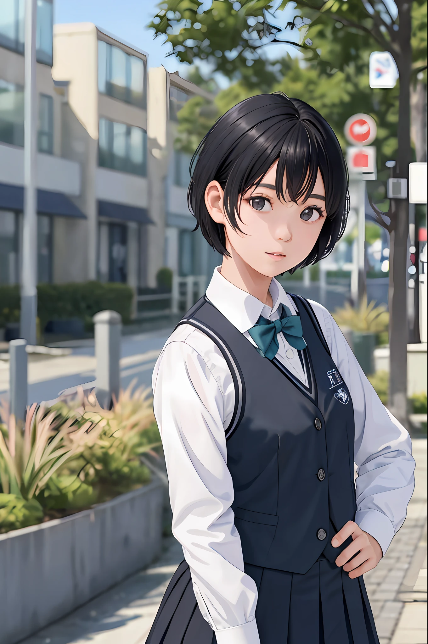 Kai Kokoai, STU48, Uniform, Short Hair, Black Hair, One Girl, Schoolgirl, Vest, Photo, Realistic, Best Quality, Adopted, Detailed Face, Clean Port, Embankment, Detailed Background, Diffuse Sunlight, Depth of Field, Bokeh