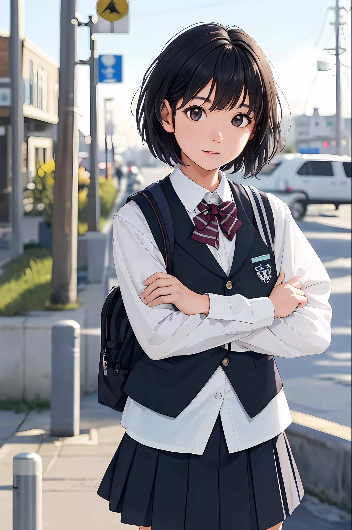 Kai Kokoai, STU48, Uniform, Short Hair, Black Hair, One Girl, Schoolgirl, Vest, Photo, Realistic, Best Quality, Adopted, Detailed Face, Clean Port, Embankment, Detailed Background, Diffuse Sunlight, Depth of Field, Bokeh