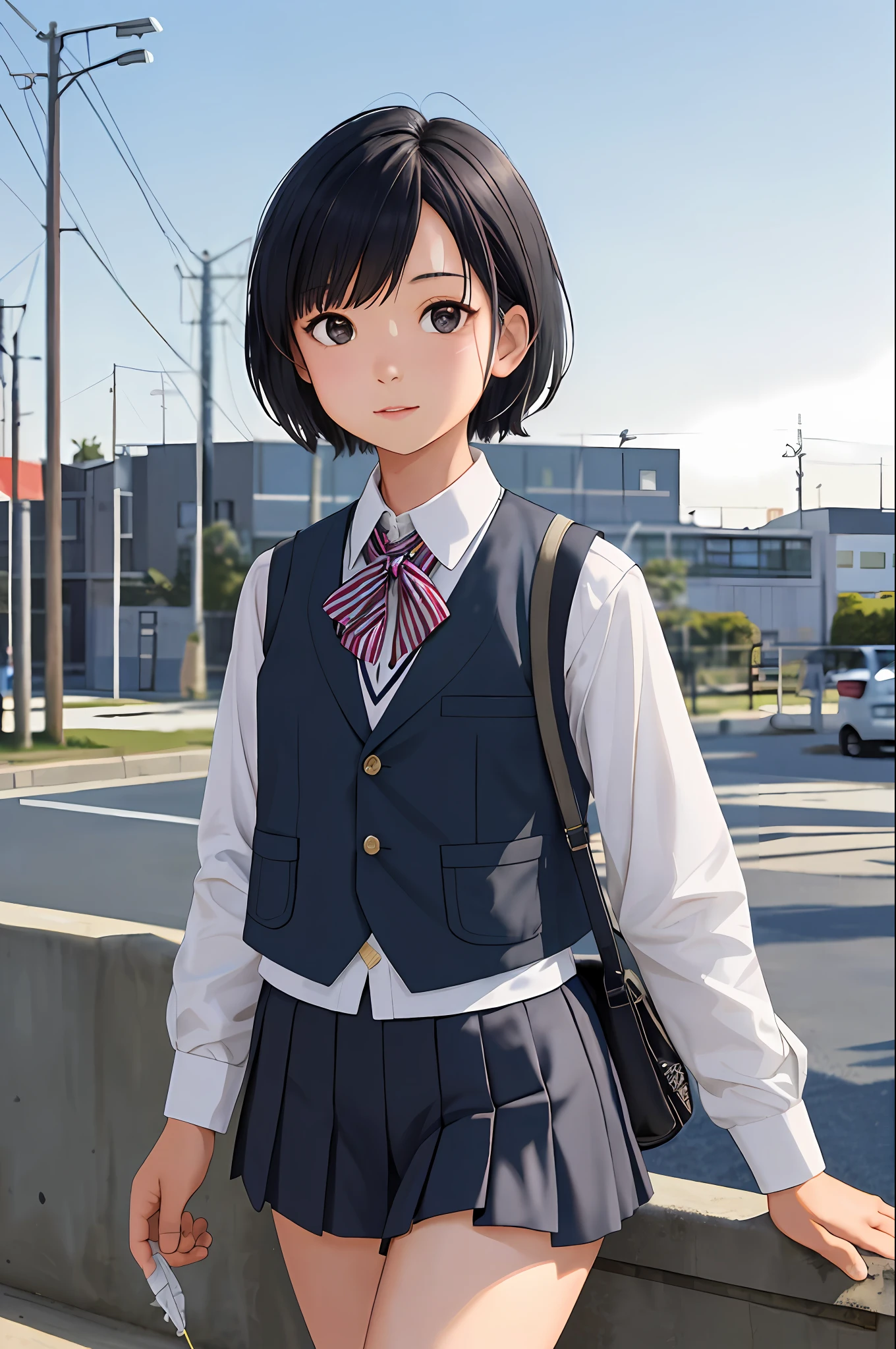 Kai Kokoai, STU48, Uniform, Short Hair, Black Hair, One Girl, Schoolgirl, Vest, Photo, Realistic, Best Quality, Adopted, Detailed Face, Clean Port, Embankment, Detailed Background, Diffuse Sunlight, Depth of Field, Bokeh
