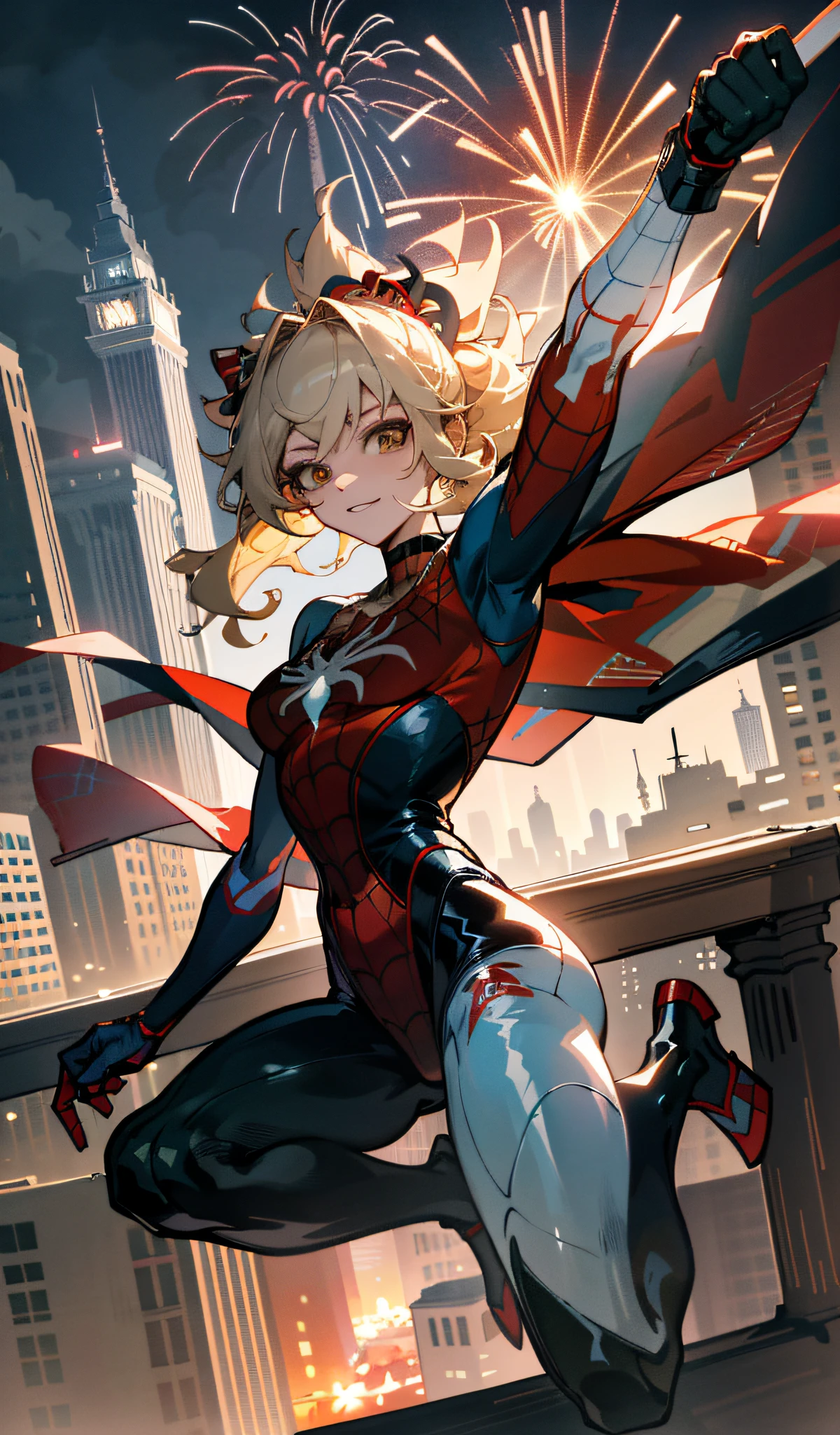 (Masterpiece, 4K resolution, ultra-realistic, very detailed), (White superhero theme, glamorous, there's a girl at the top of town, wearing a Spider-Man costume, she's a superhero,[((25 years old), full body, ((Spider-Man pose), show strength, jump from building to building), ((sandy urban environment): 0.8)|(cityscape, night, dynamic lights), (full moon))]] # Note: The prompt mainly describes ultra-high-definition 4K paintings, which are very realistic and very detailed. It shows a superheroine at the top of the city, dressed in a Spider-Man costume. The subject of the painting is a white superhero theme, he is 25 years old and his entire figure is shown in the painting. In depicting the behavior of superheroes, spiders are used,